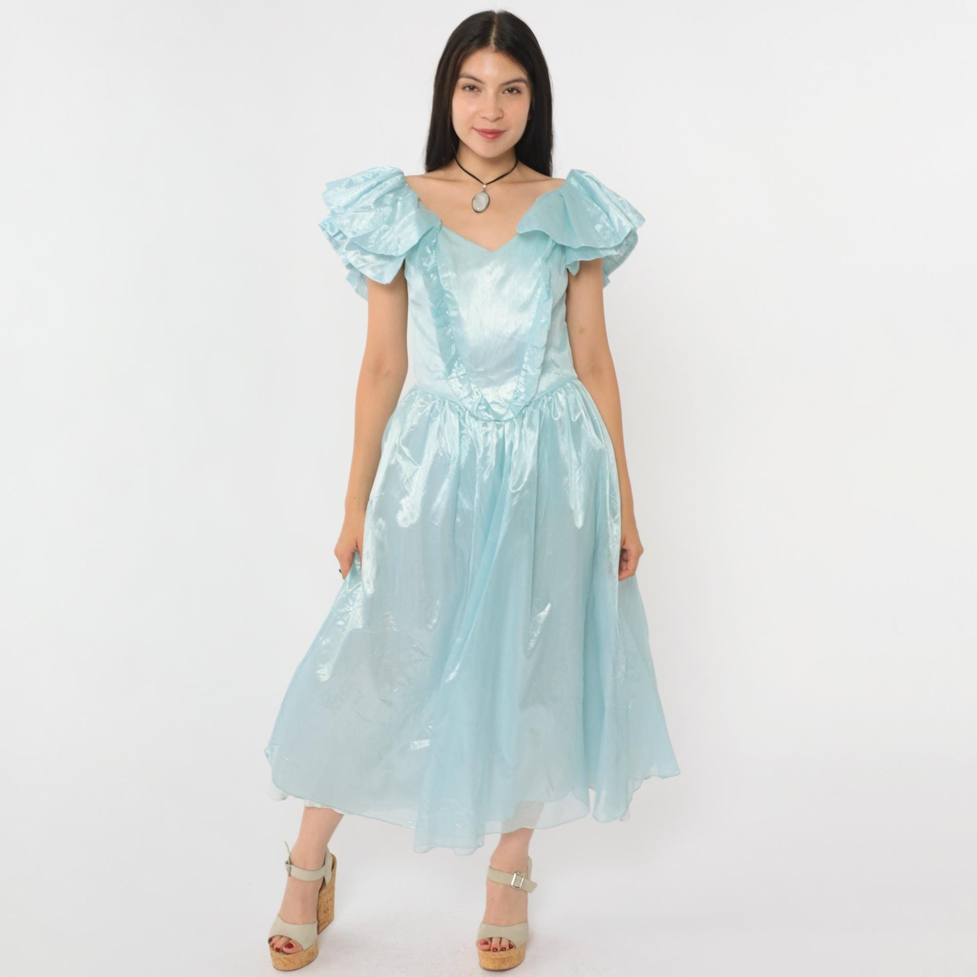 80s Blue Organza Midi Gown Sweetheart Neckline Flutter Sleeve Small