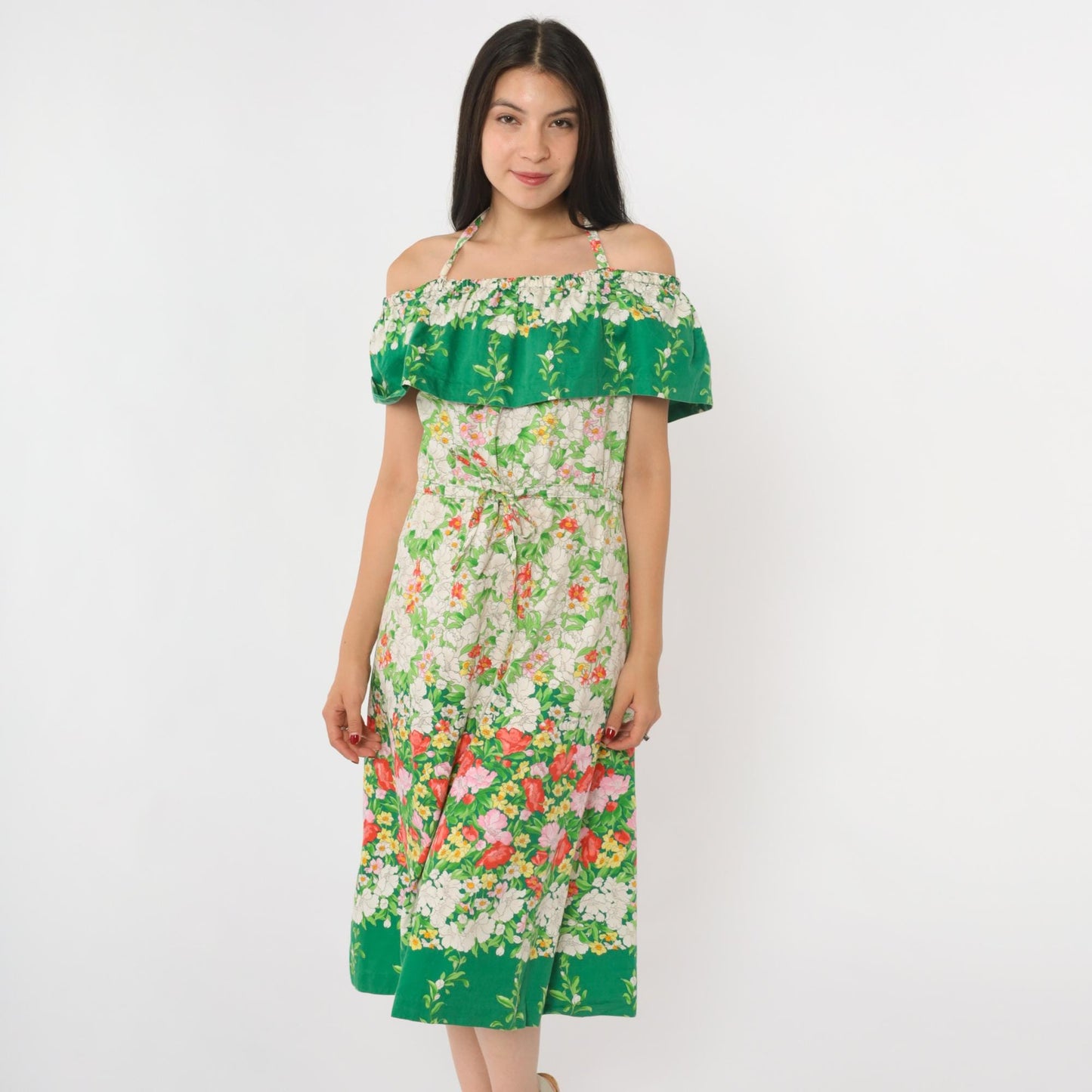 70s Parade Floral Off-Shoulder Midi Dress Green White Halter Small Medium