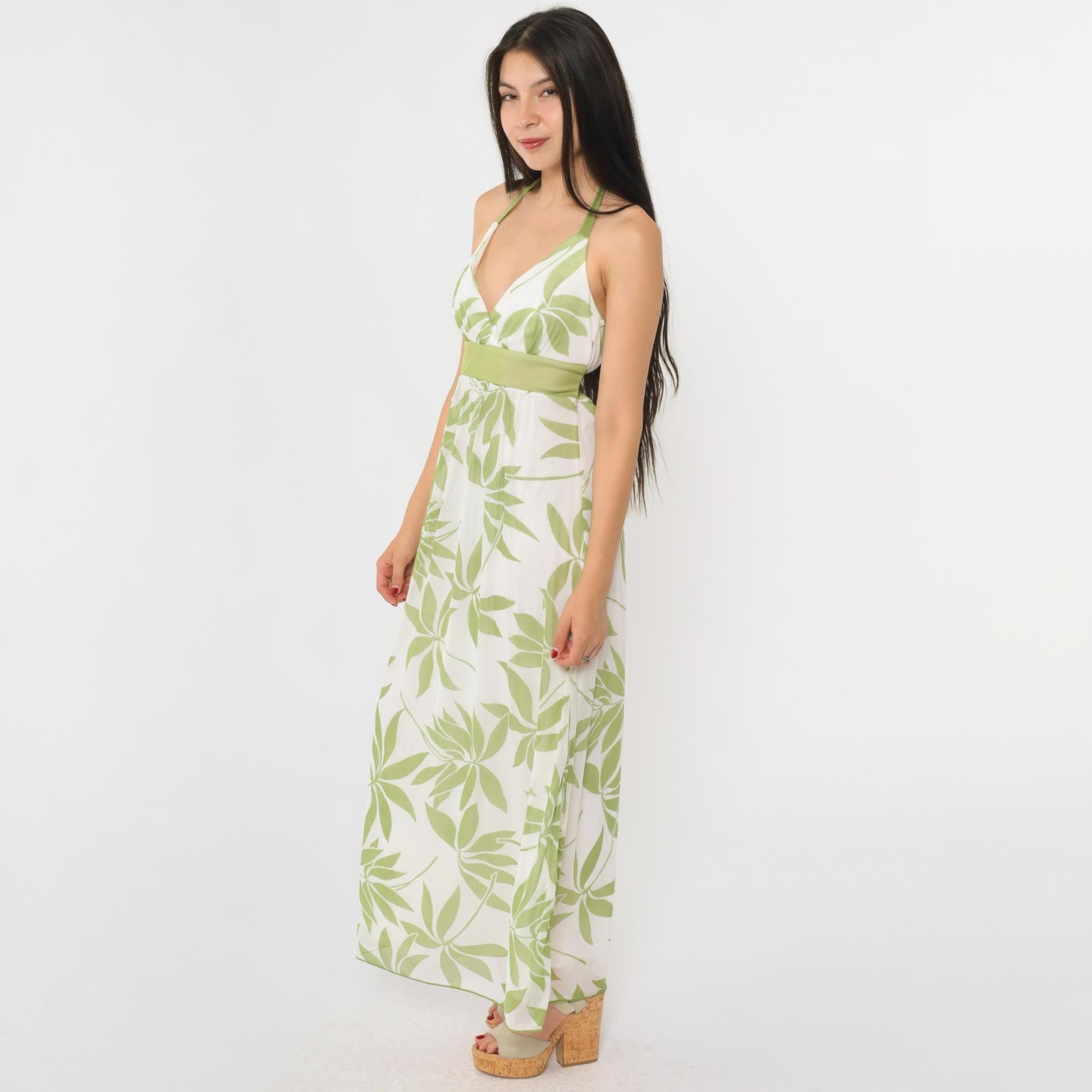 Y2K White Floral Halter Maxi Dress Green Print Empire Waist Medium