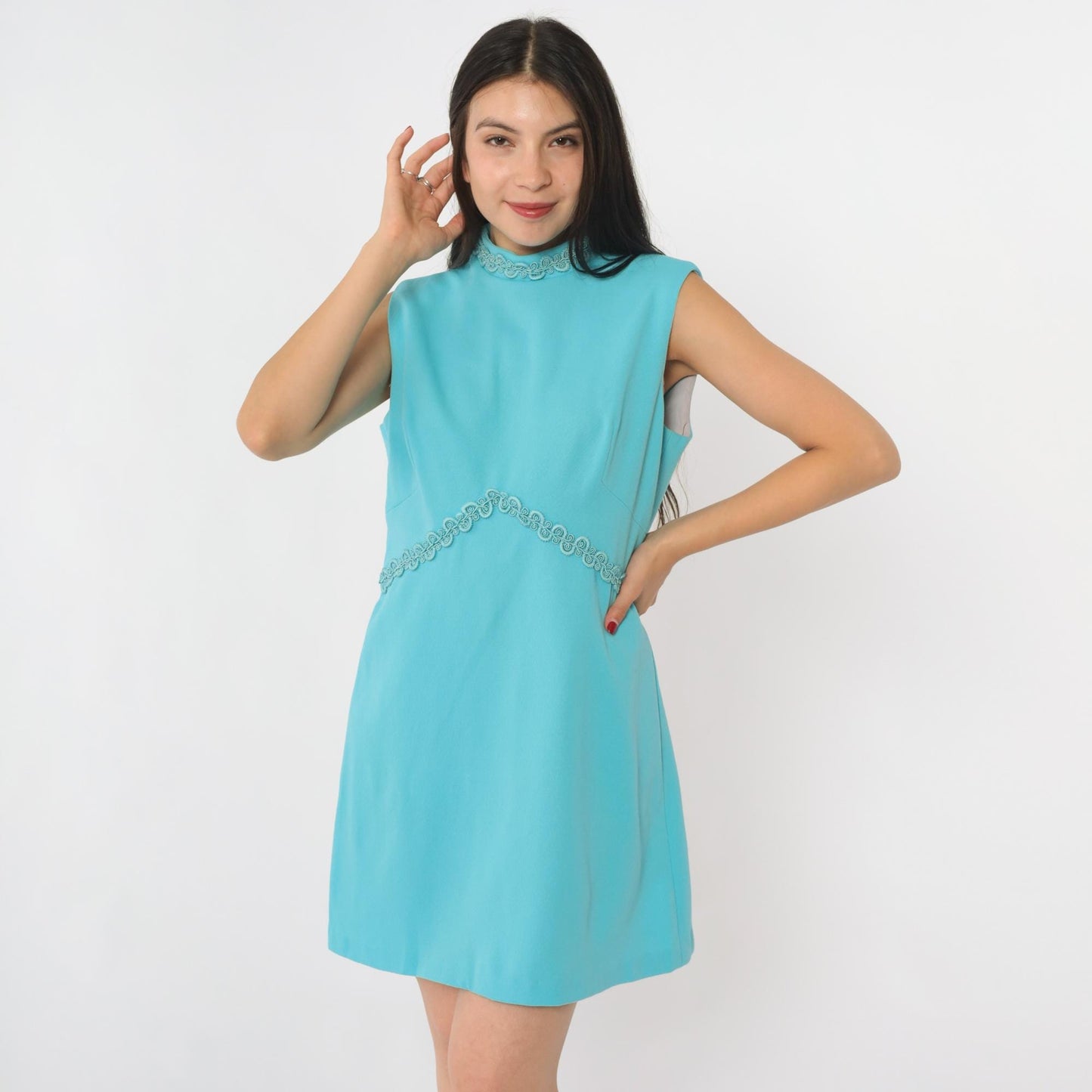 70s Blue Mod Mini Dress Empire Waist Mock Neck Sleeveless Medium M