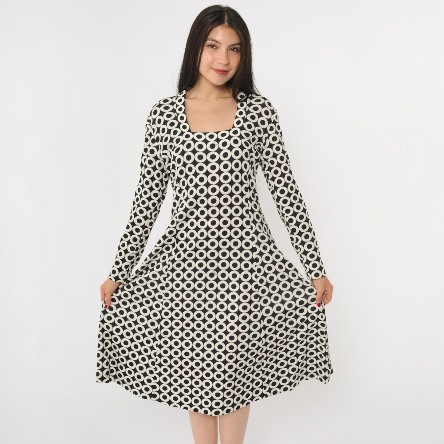 70s Maurice Black White Op Art Circle Print Midi Dress Square Neck Large L