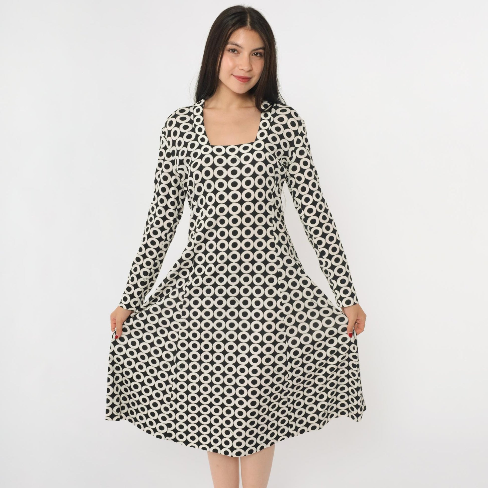 70s Maurice Black White Op Art Circle Print Midi Dress Square Neck Large L