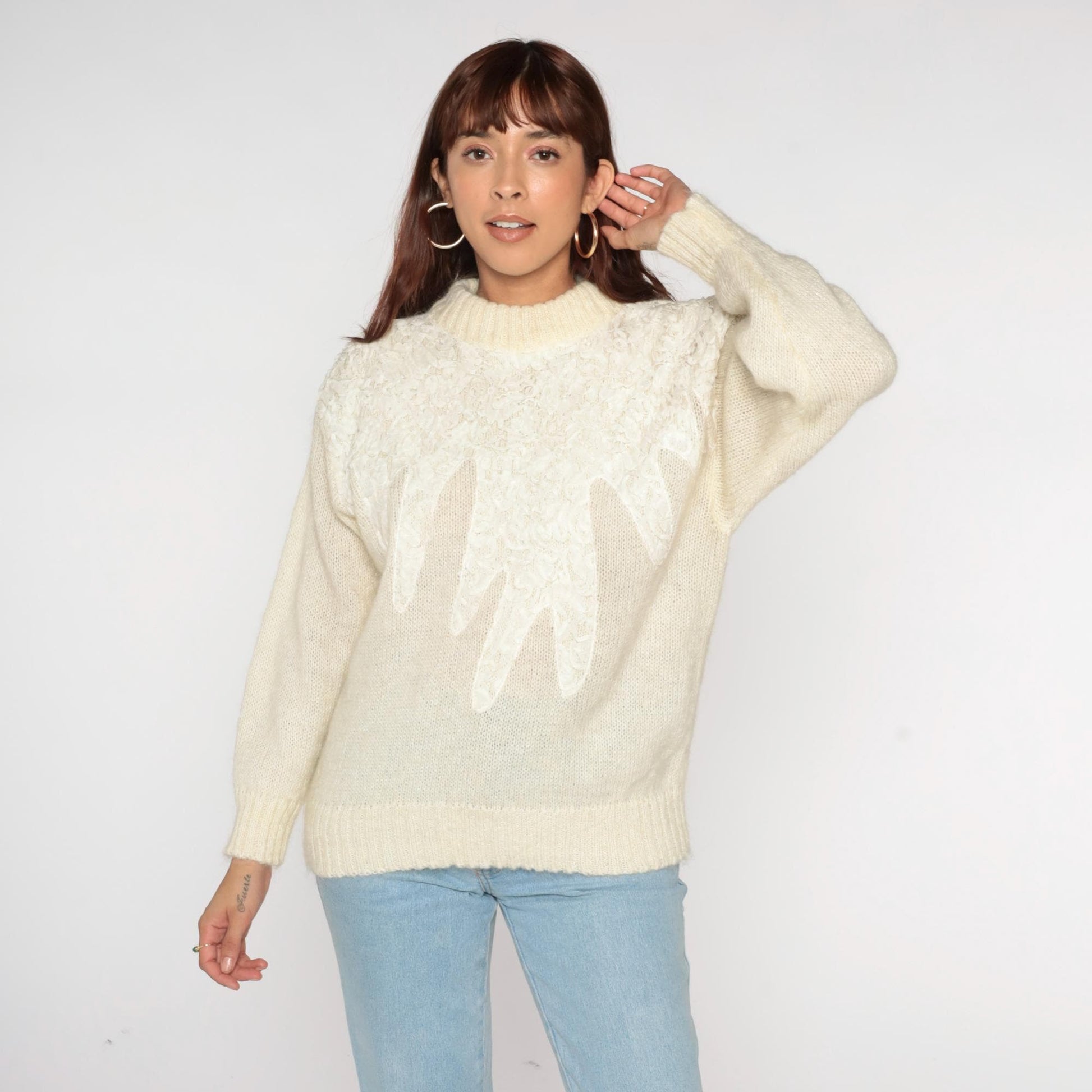 80s Cream Lace Soutache Sweater Fuzzy Knit Pullover Medium M