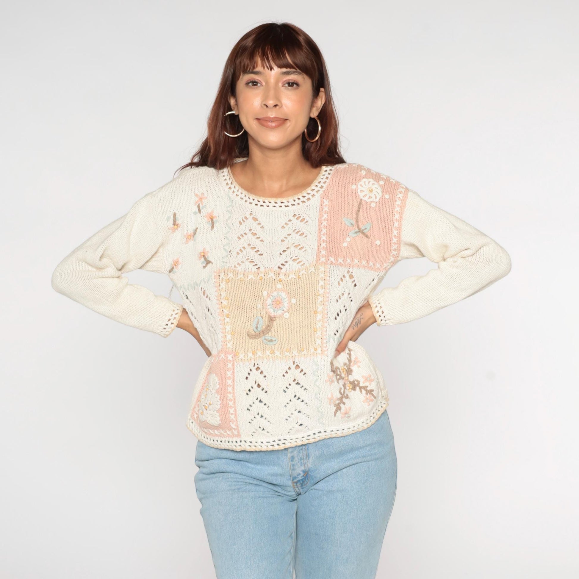 90s Erika Petites Floral Embroidered Openwork Sweater Ecru Small