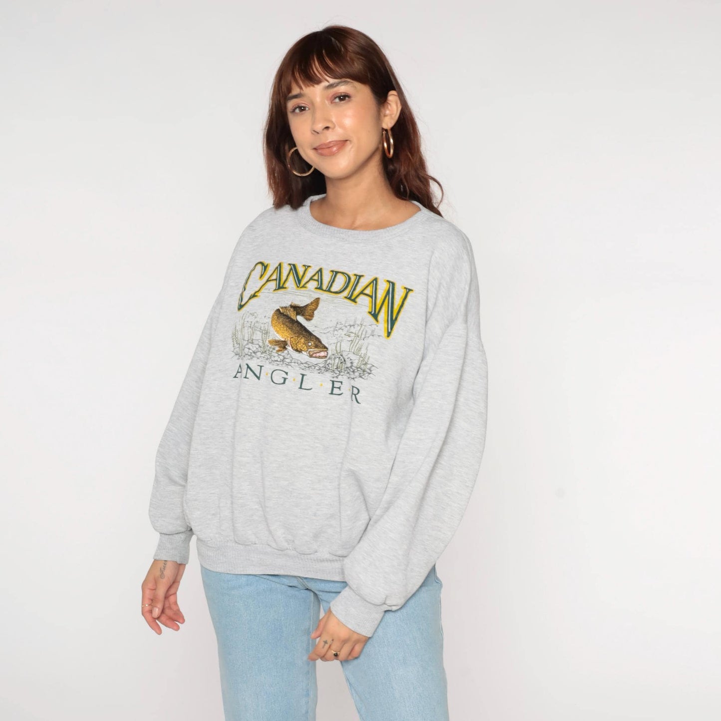 90s Canadian Angler Embroidered Fish Sweatshirt Grey Crewneck Extra Large XL