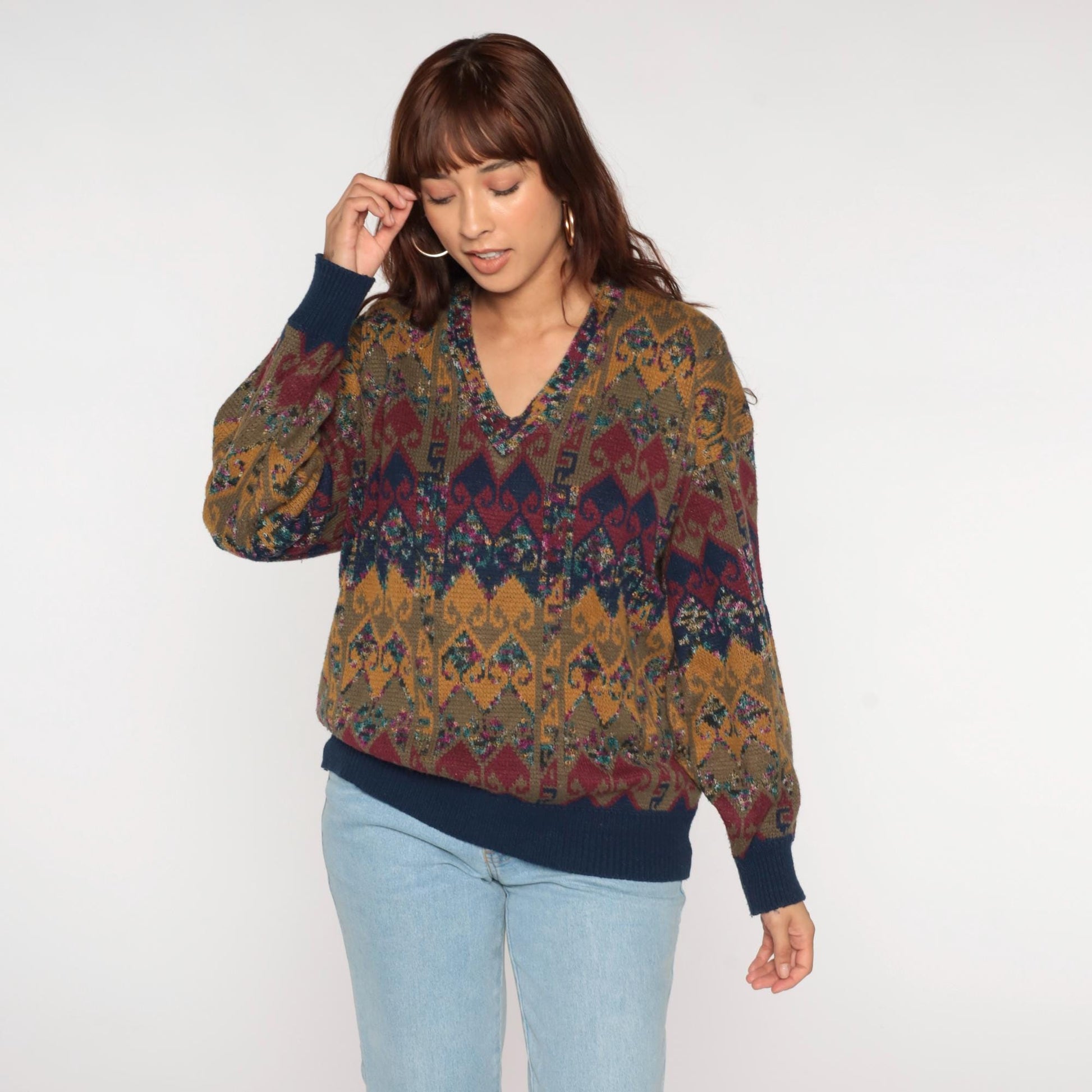 80s Scusa Abstract Geometric V-Neck Sweater Mustard Burgundy Olive Large L