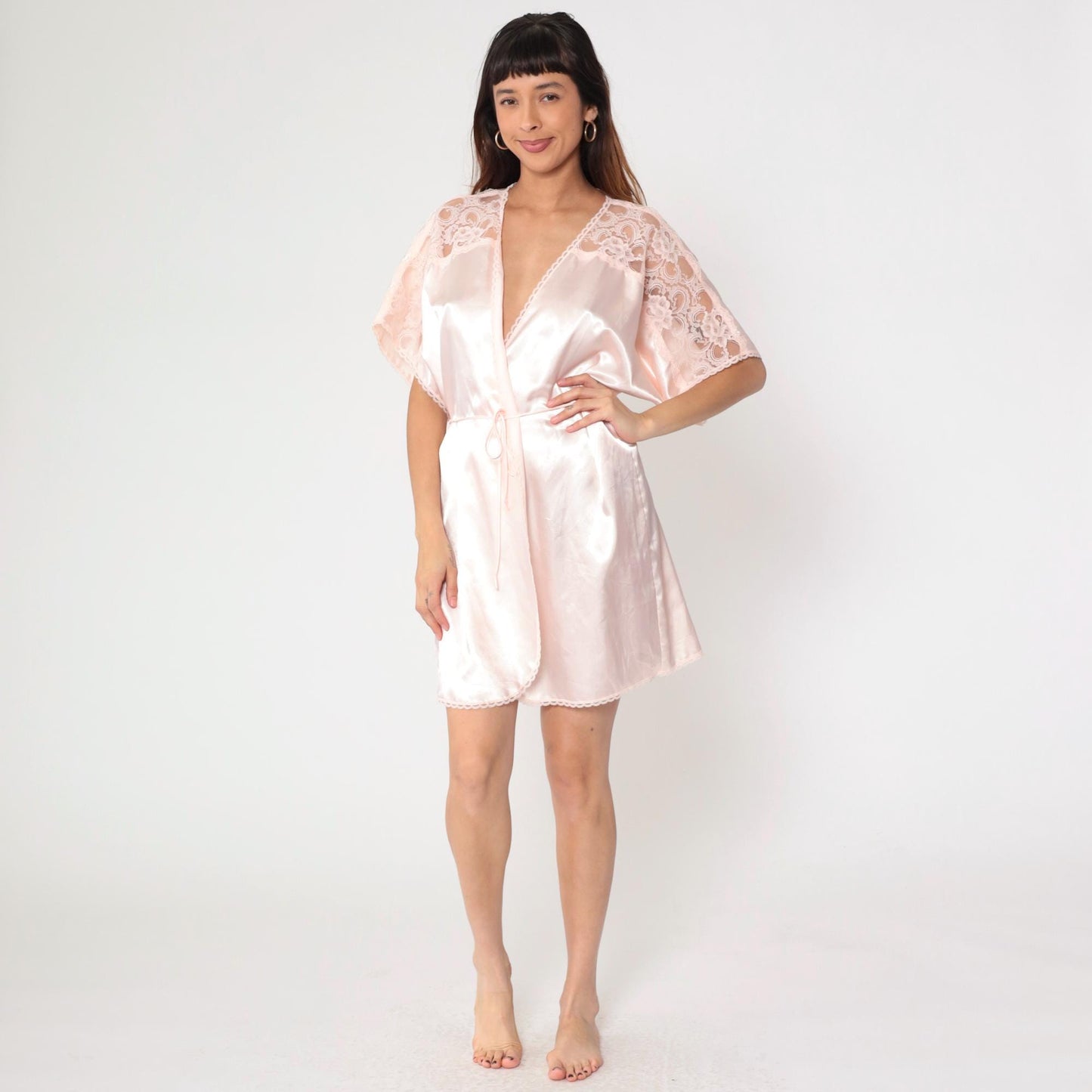 80s Baby Pink Satin Pajama Robe Lace Trim Wrap Belted Mini Medium