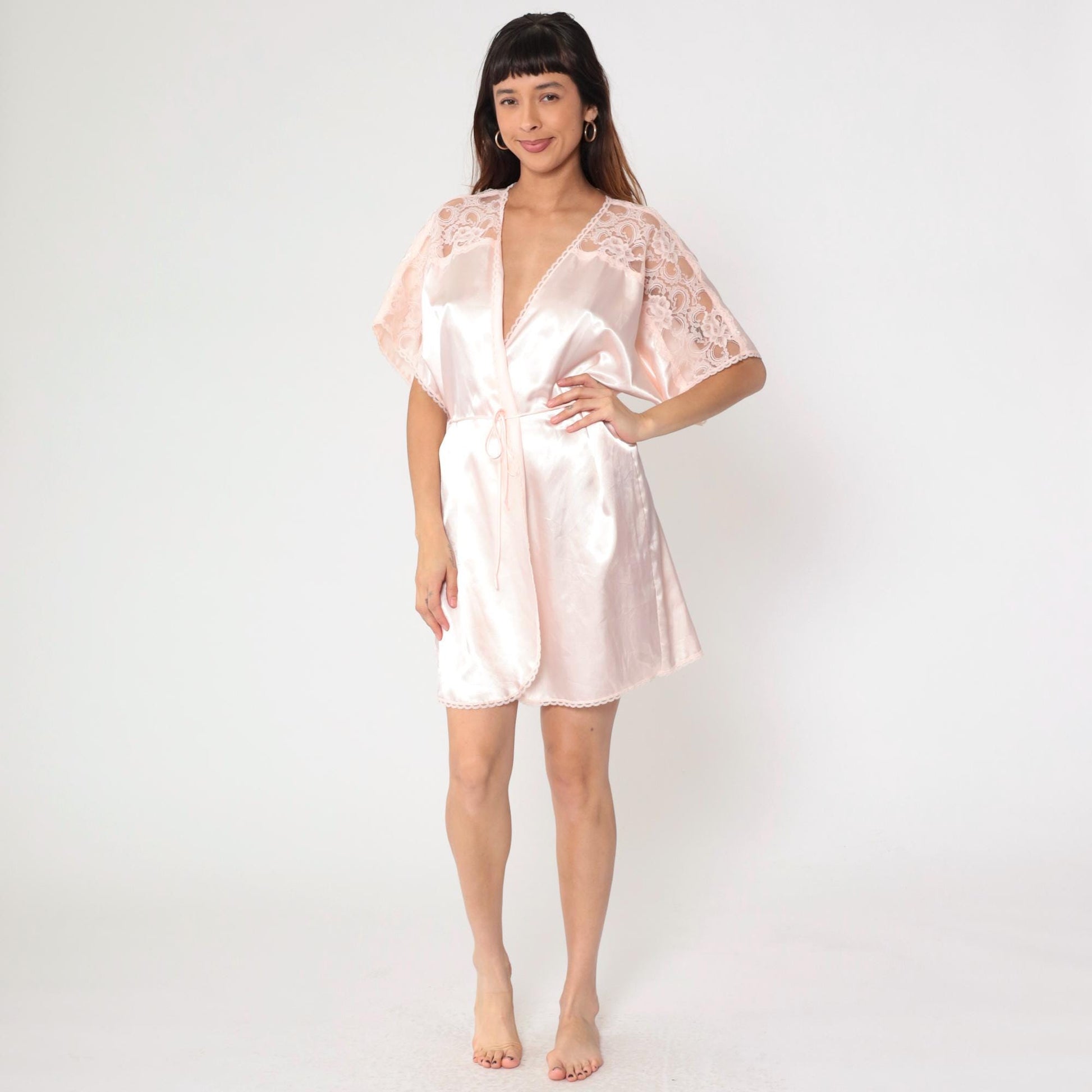 80s Baby Pink Satin Pajama Robe Lace Trim Wrap Belted Mini Medium