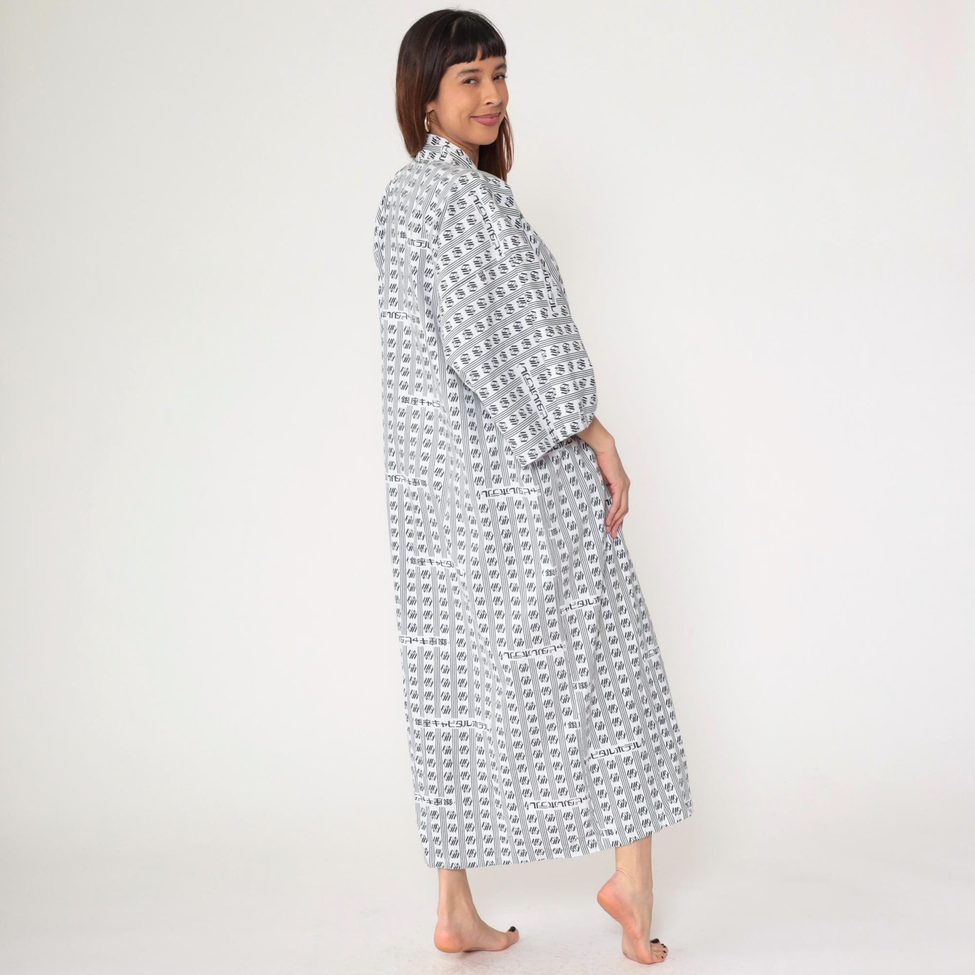 80s Japanese Yukata Robe Hotel Logo Print Blue White Geometric Maxi One Size