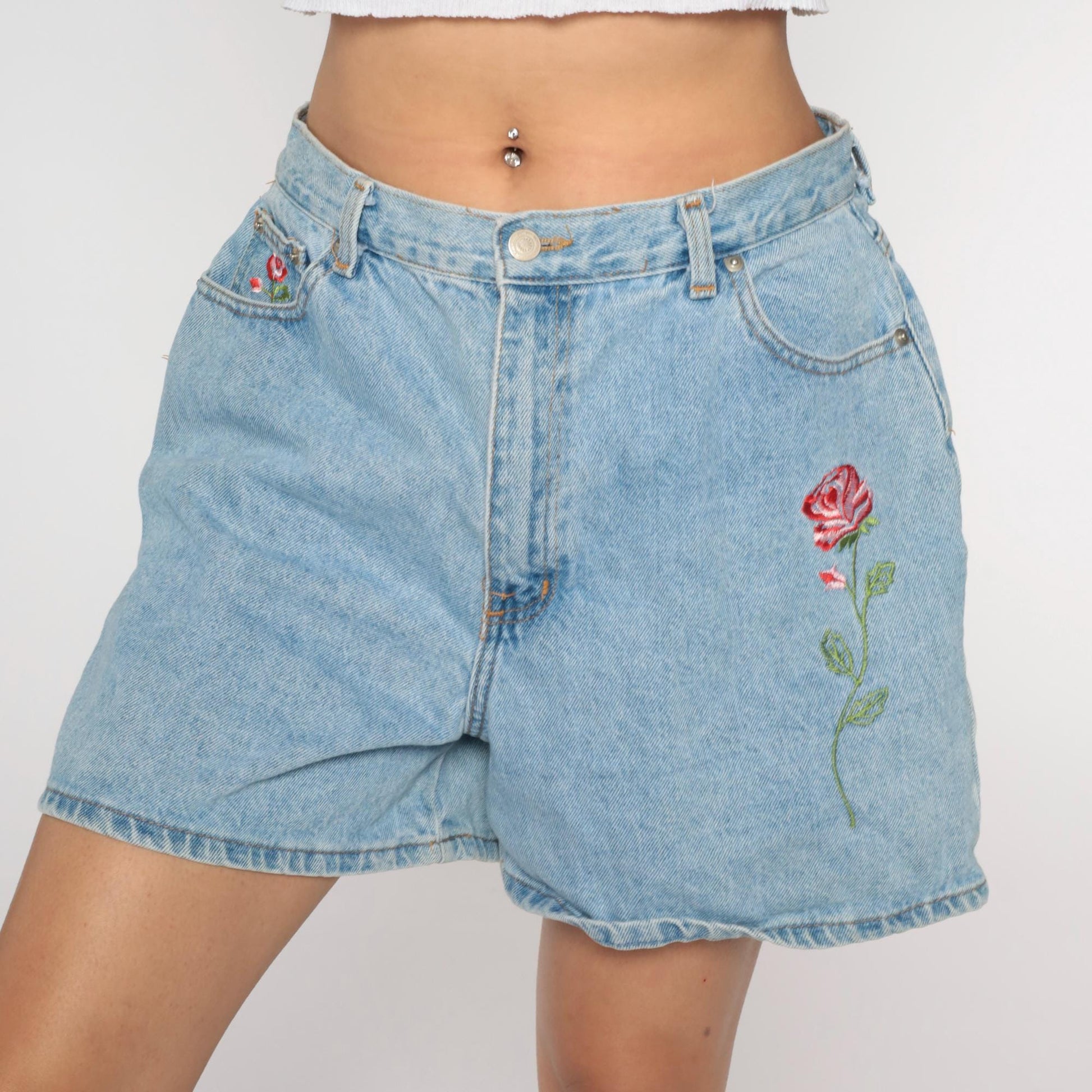 90s Floral Embroidered Blue Denim Shorts High Waisted Jean Shorts Medium