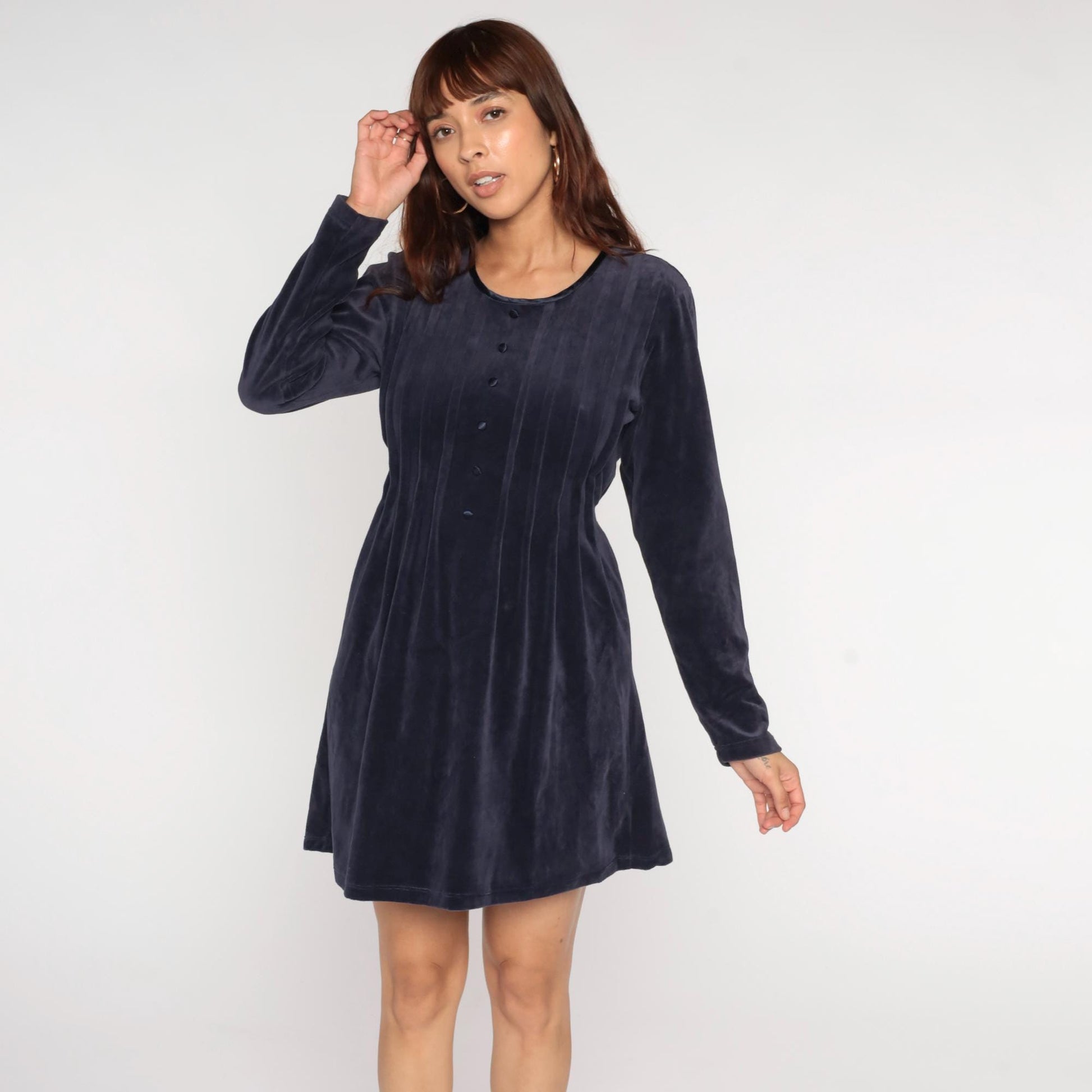 90s Midnight Blue Velour Mini Dress Long Sleeve Pleated Babydoll Medium M
