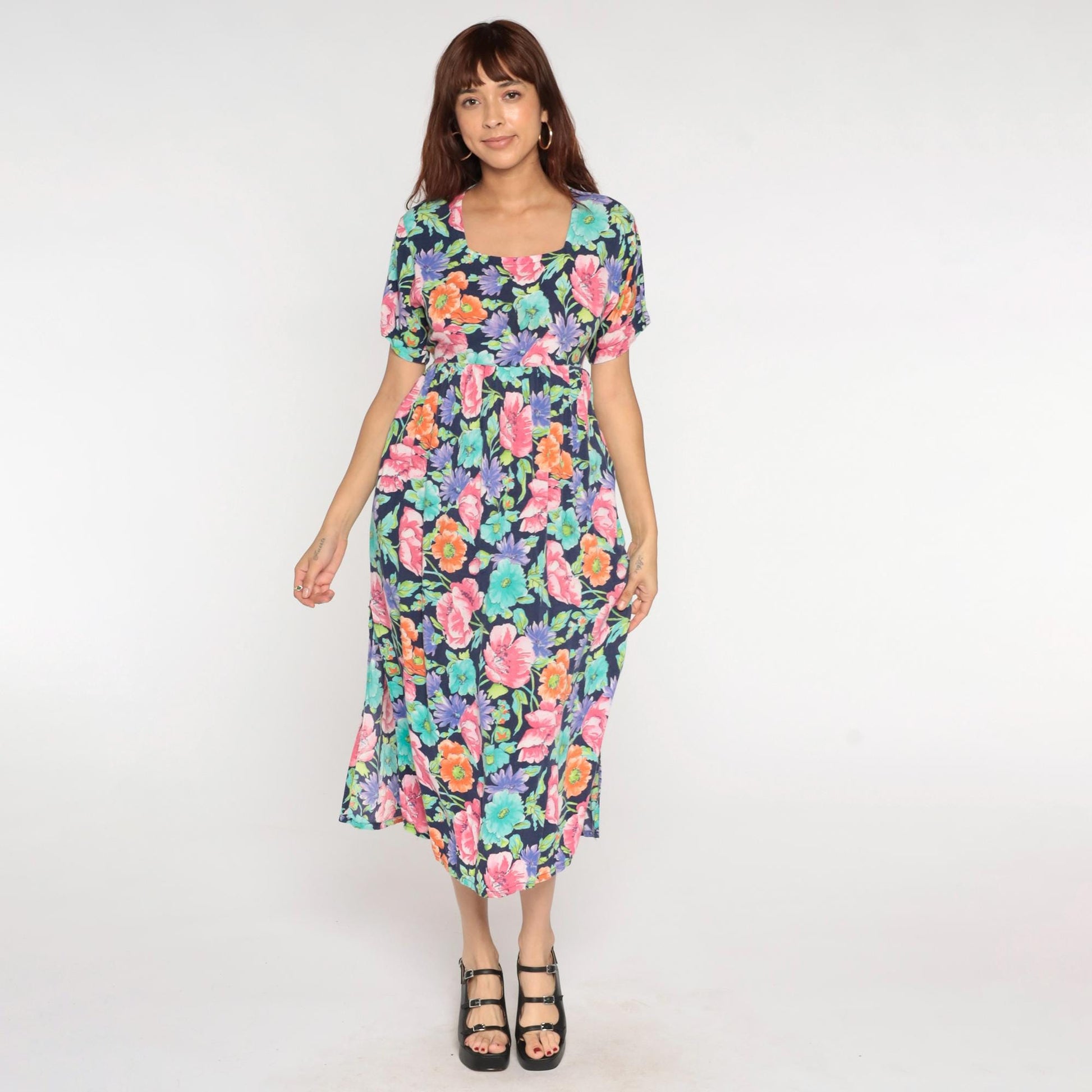 90s Diane Von Furstenberg Floral Empire Waist Midi Dress Navy Square Neck Extra Small