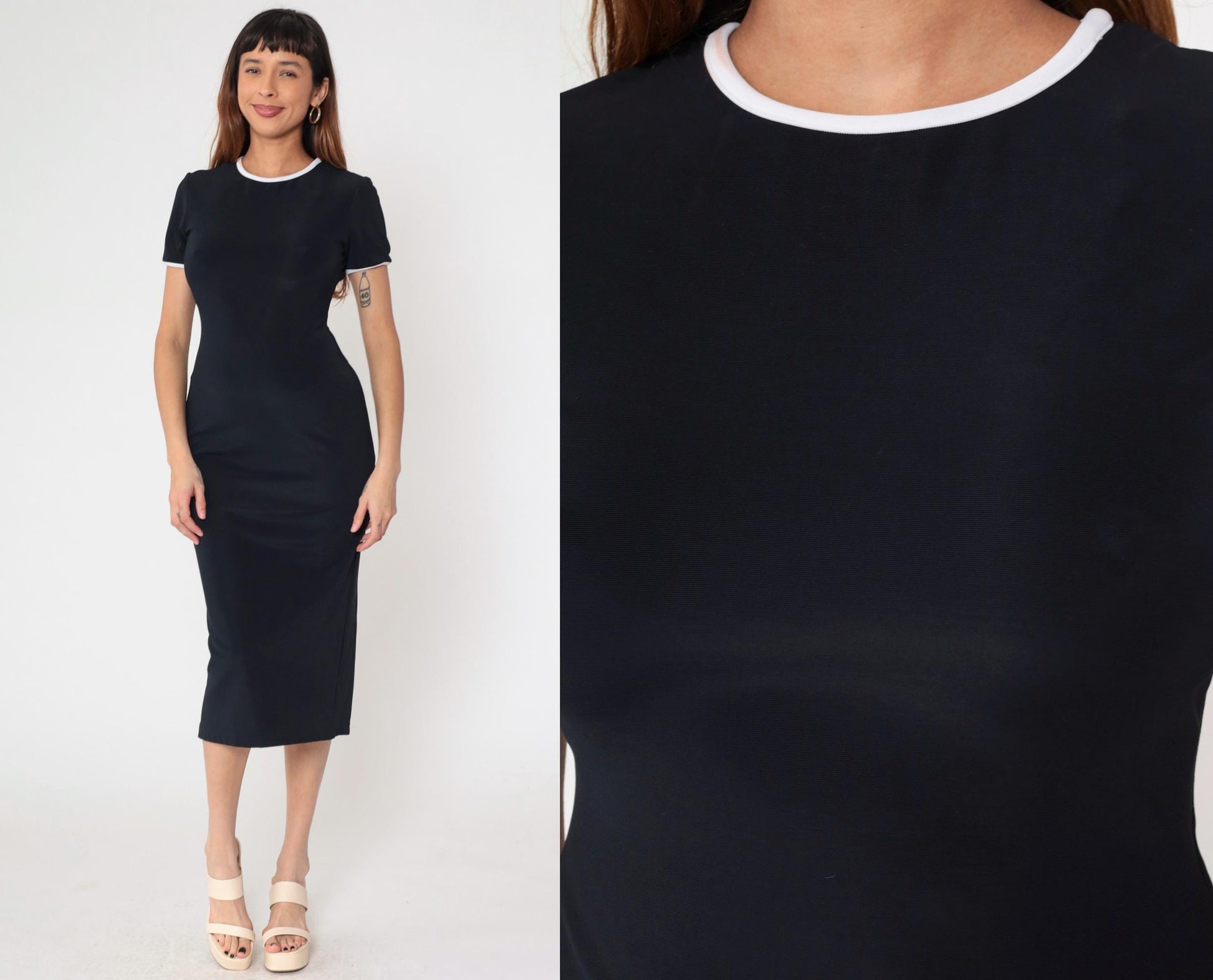 90s Black Bodycon Midi Dress White Ringer Trim Short Sleeve Small