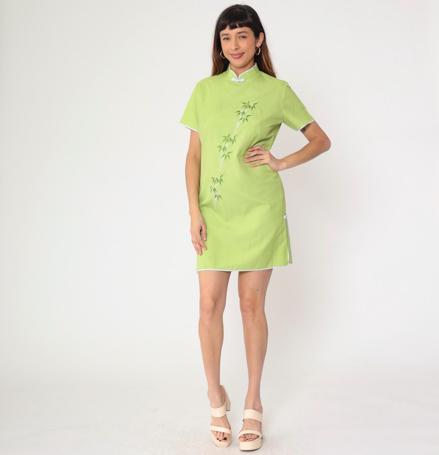 90s Lime Green Bamboo Embroidered Cheongsam Mini Dress Mandarin Collar Medium M