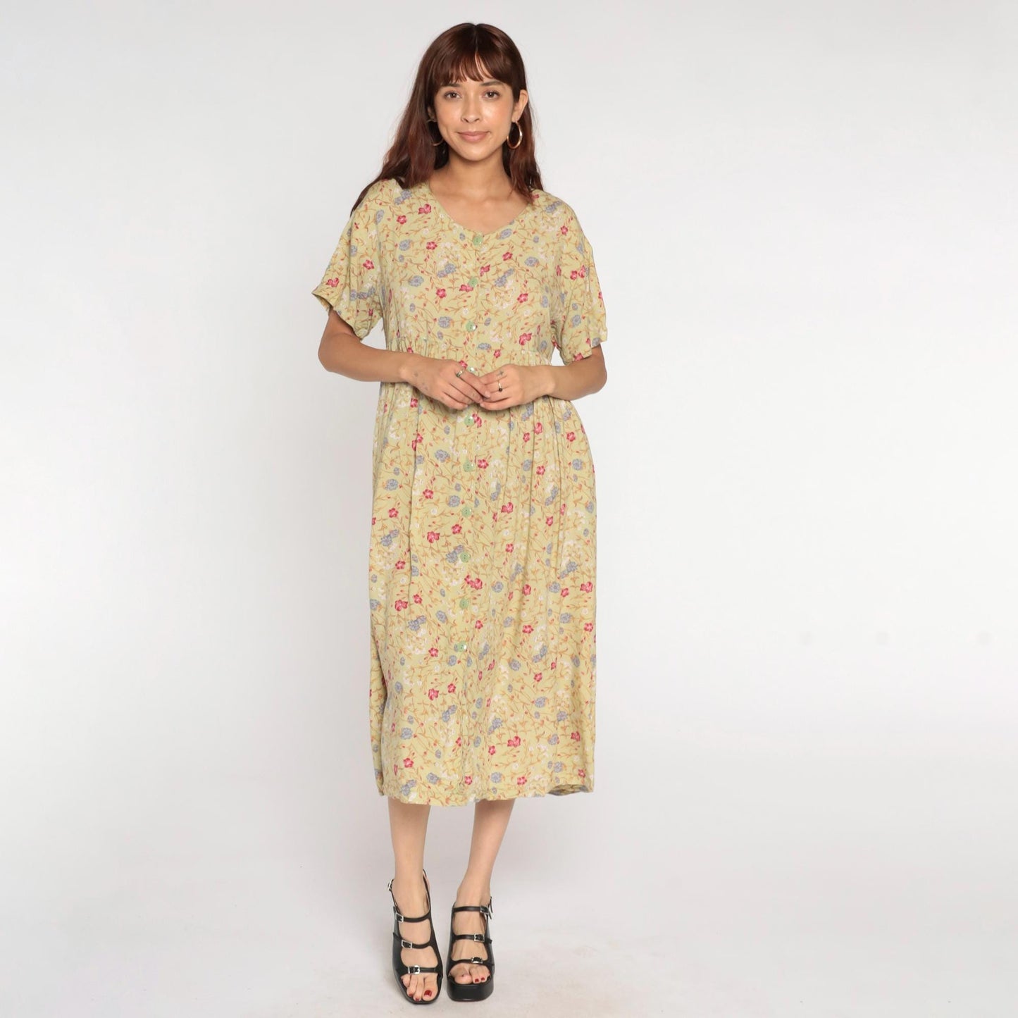 90s Sostanza Floral Button-Up Midi Dress Avocado Green High Waist Medium Large