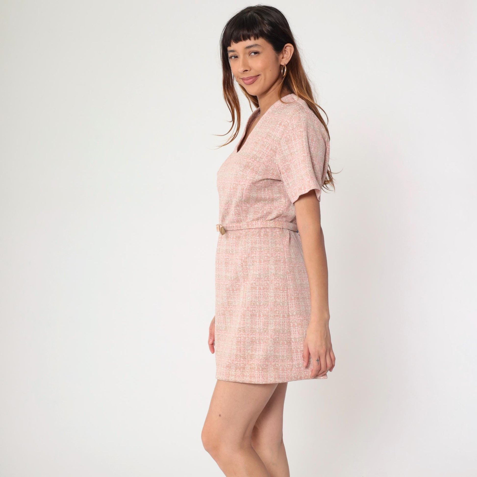 70s Mod Mini Dress Pink Checkered Shift V-Neck Belted Short Sleeve Medium M