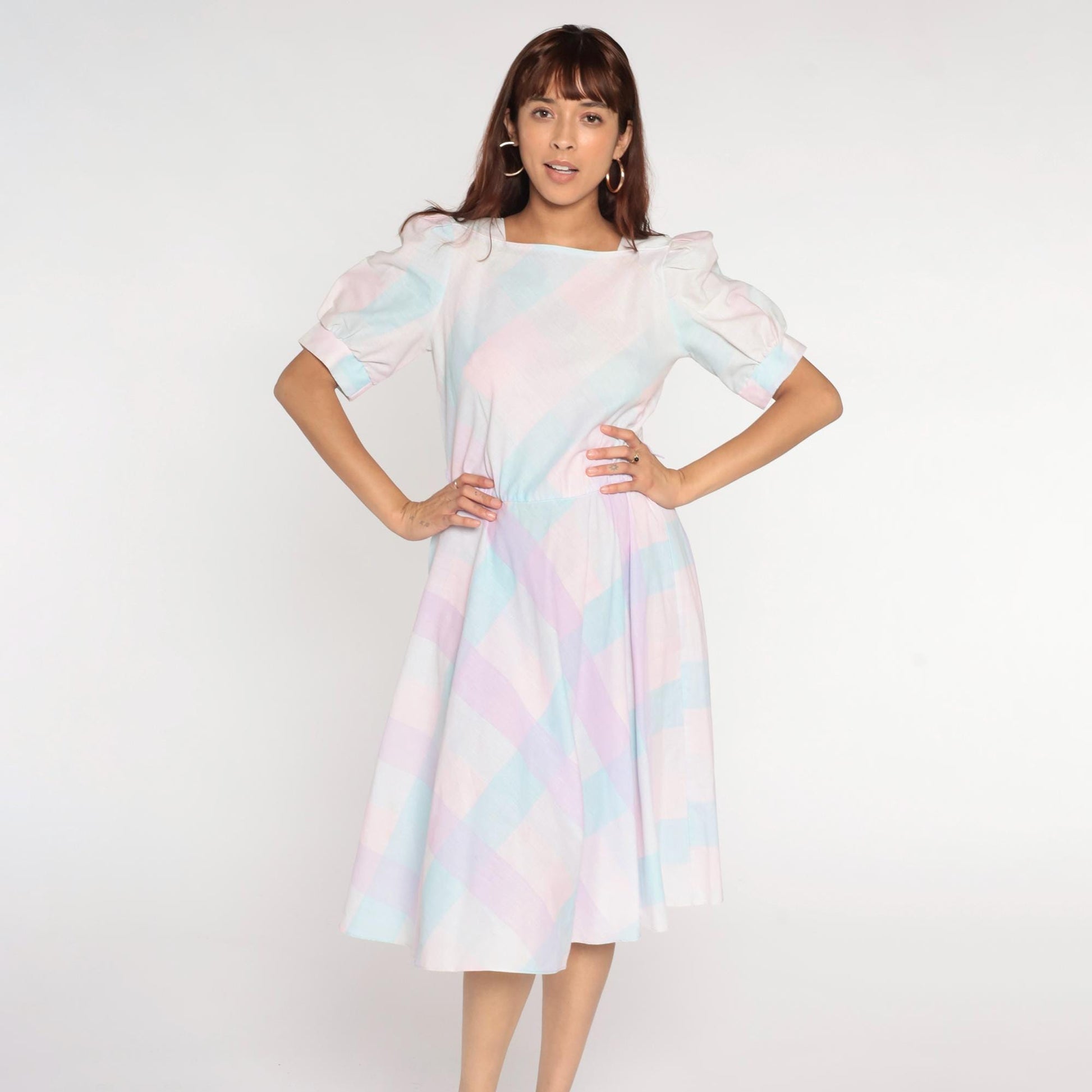 80s Pastel Checkered Puff Sleeve Midi Dress High Waist Pink Purple Blue Medium M