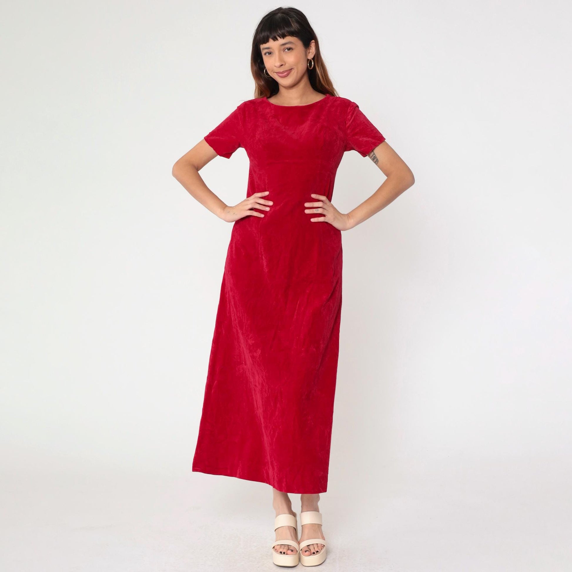 60s Red Velvet Maxi Dress Empire Waist Short Sleeve Small