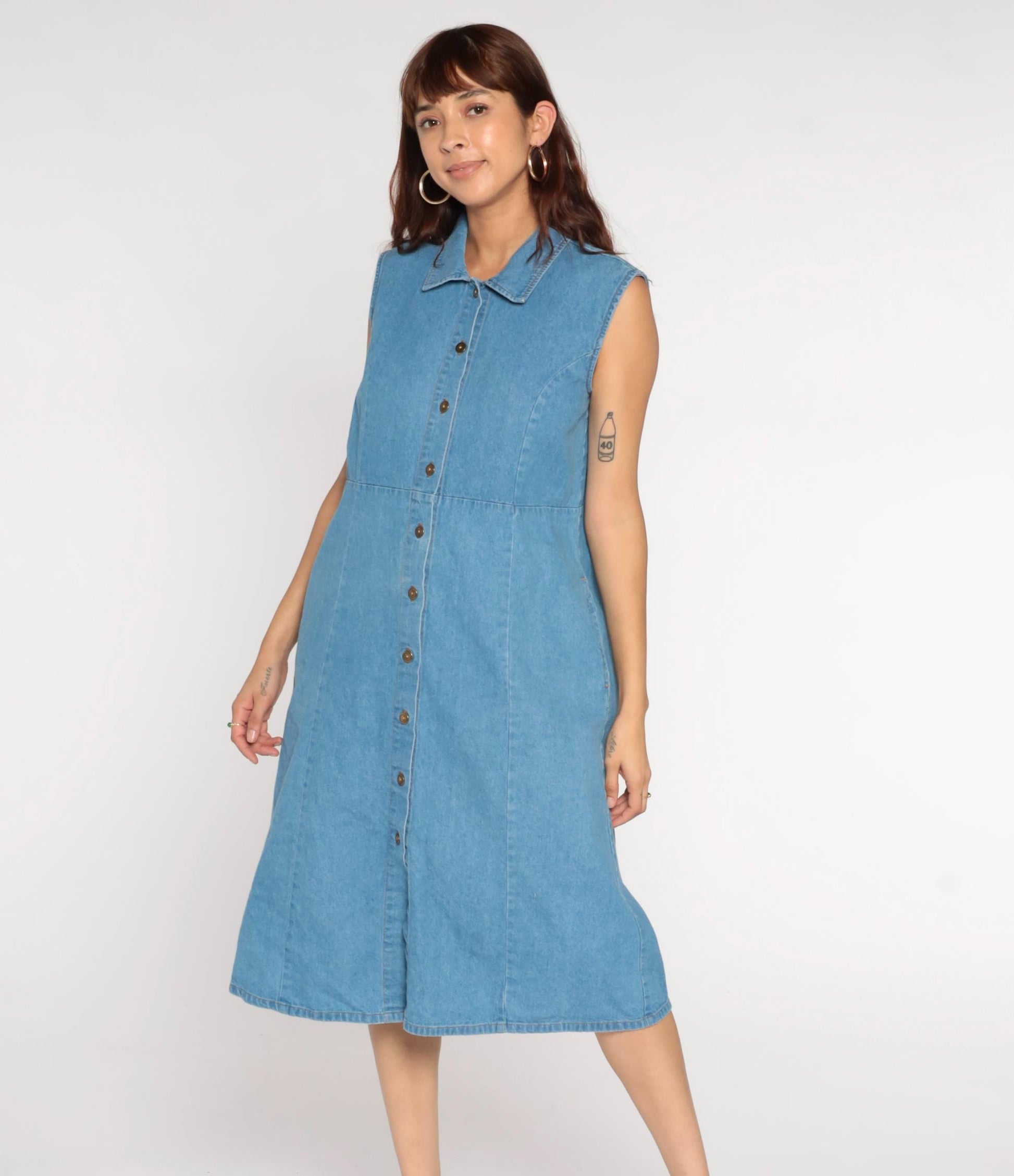 90s Blue Denim Midi Dress Sleeveless Button-Up High Waist Medium Large