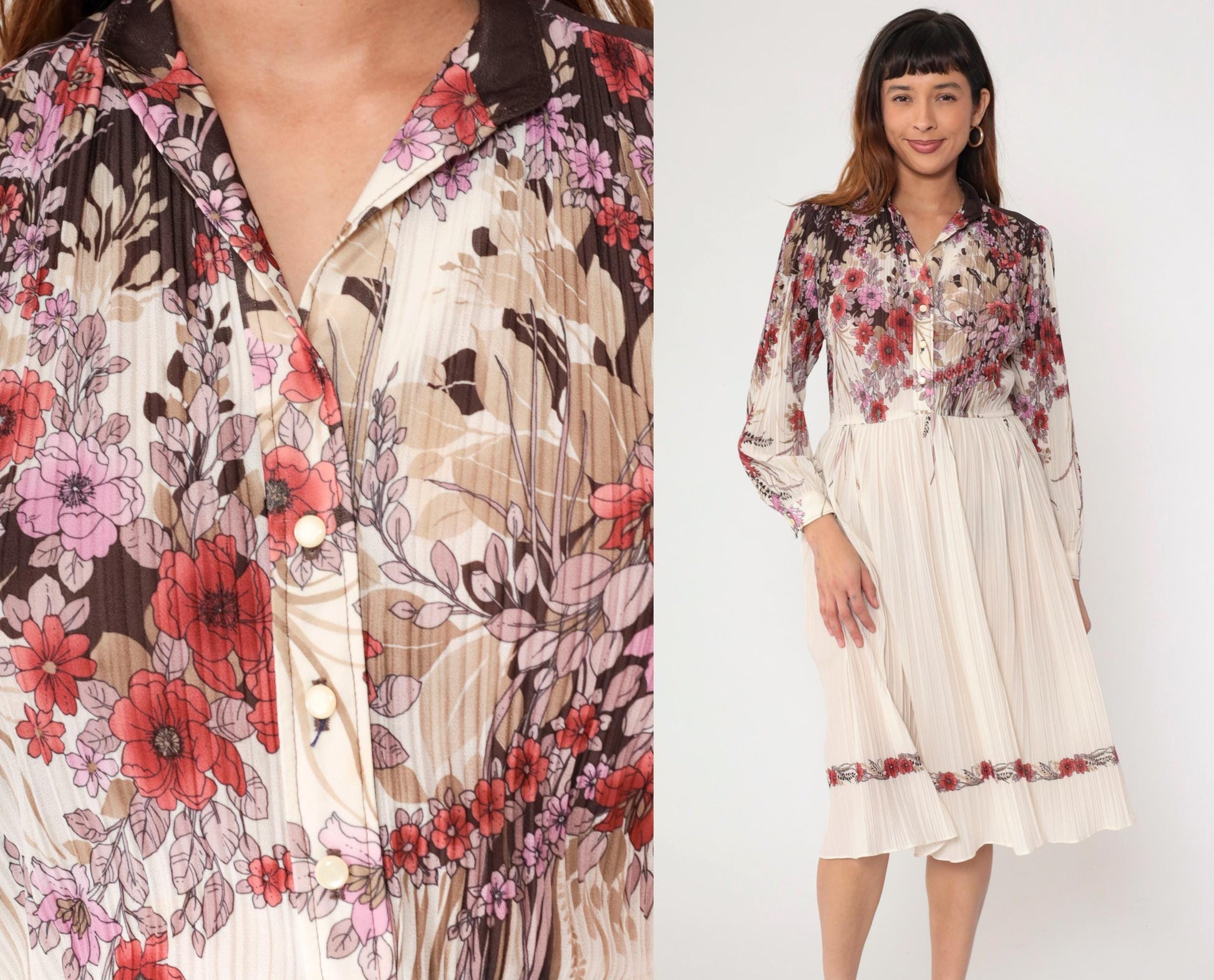 70s Off-White Floral Midi Shirtdress Knife Pleated High Waist Long Sleeve Small Medium