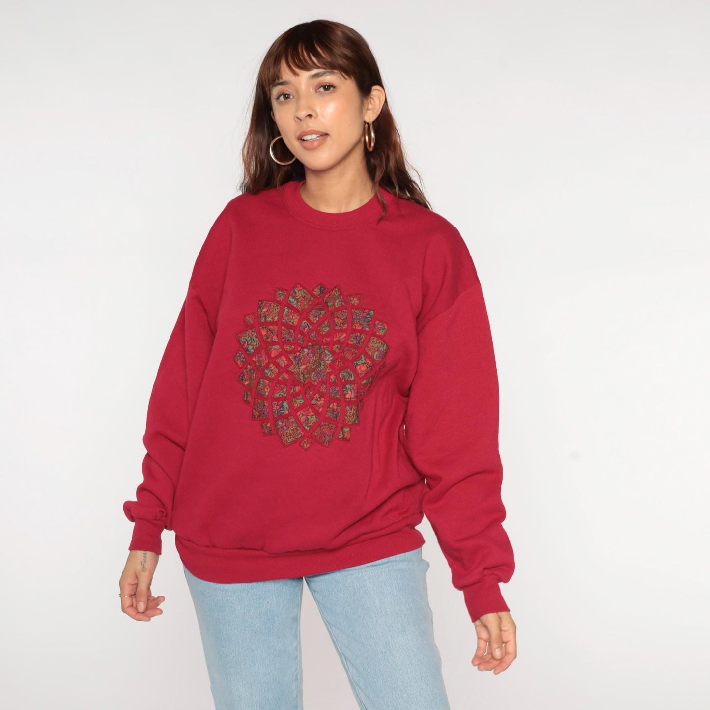 90s Jerzees Quilted Mandala Sweatshirt Deep Red Crewneck Large L
