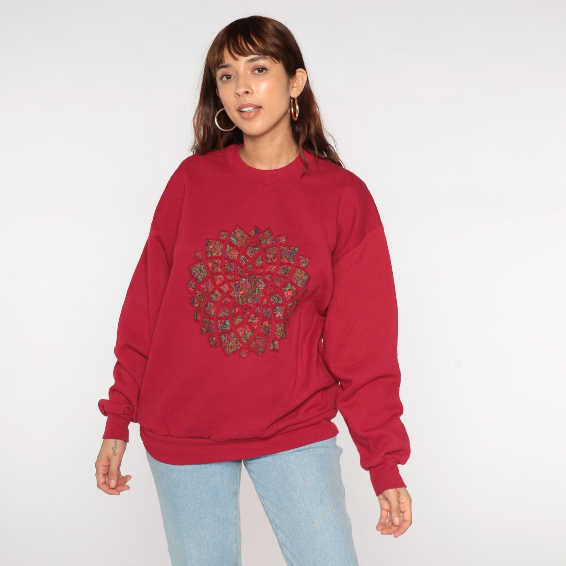 90s Jerzees Quilted Mandala Sweatshirt Deep Red Crewneck Large L