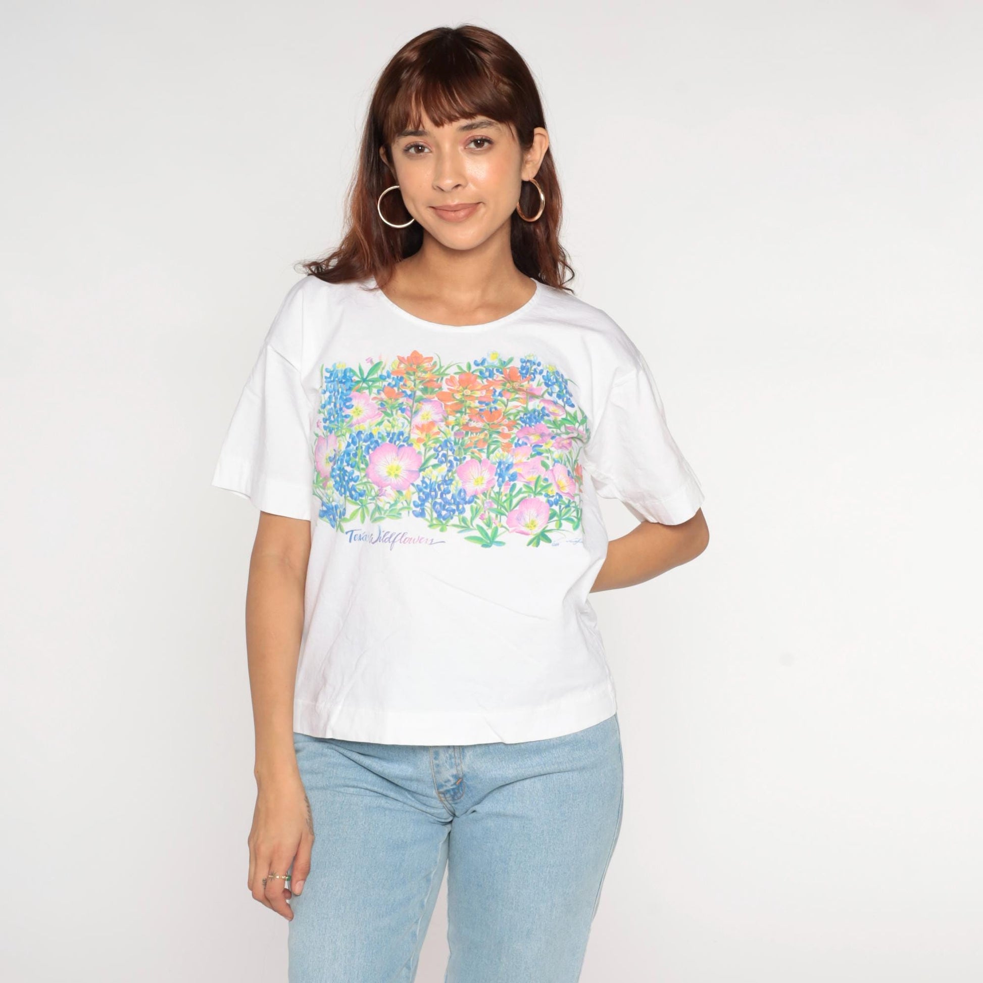 80s Swan Brand Texas Wildflowers White Graphic T-Shirt Cotton Tee Medium
