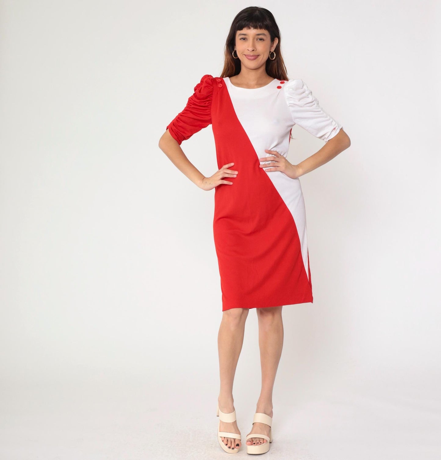 80s Color Block Red White Knee-Length Dress Puff Sleeve Sheath Small