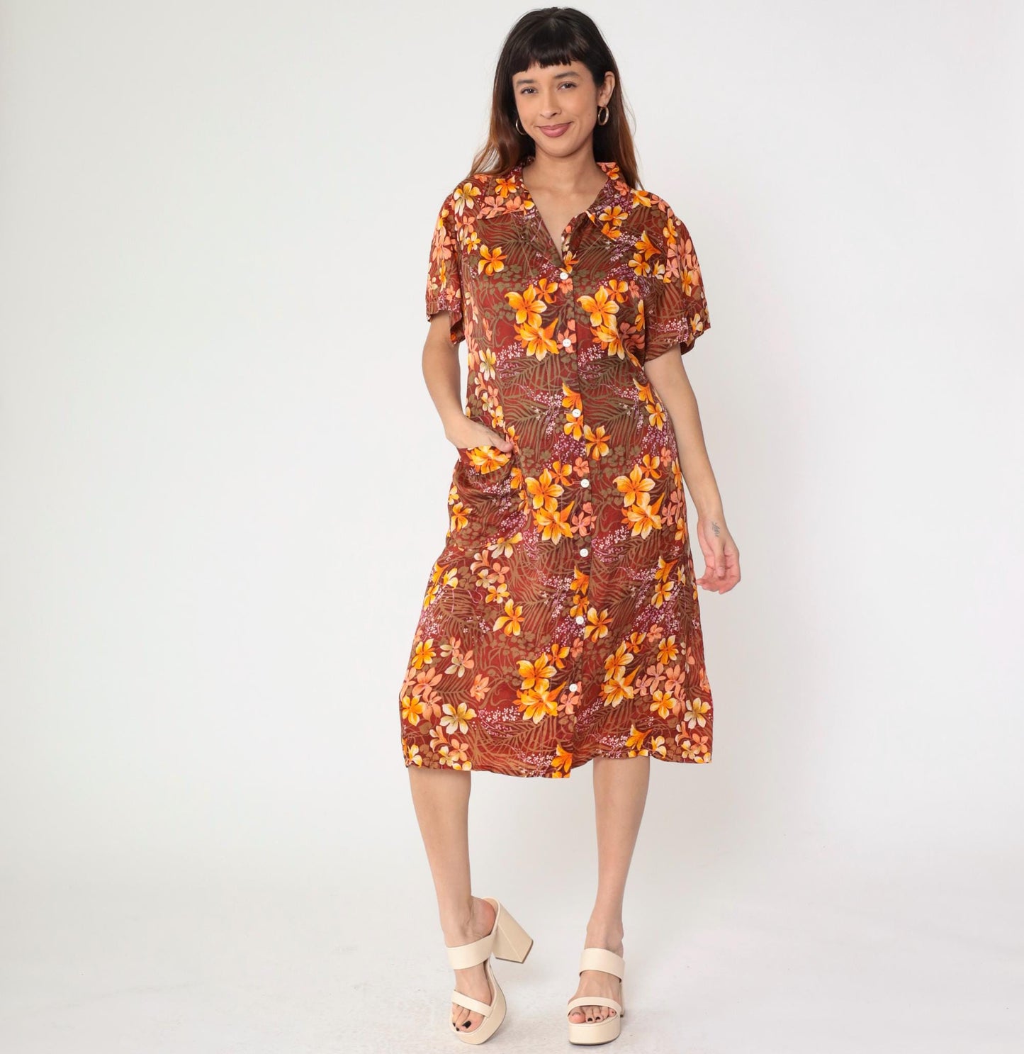 70s Floral Hawaiian Shift Dress Orange Tropical Button-Up Midi Extra Large