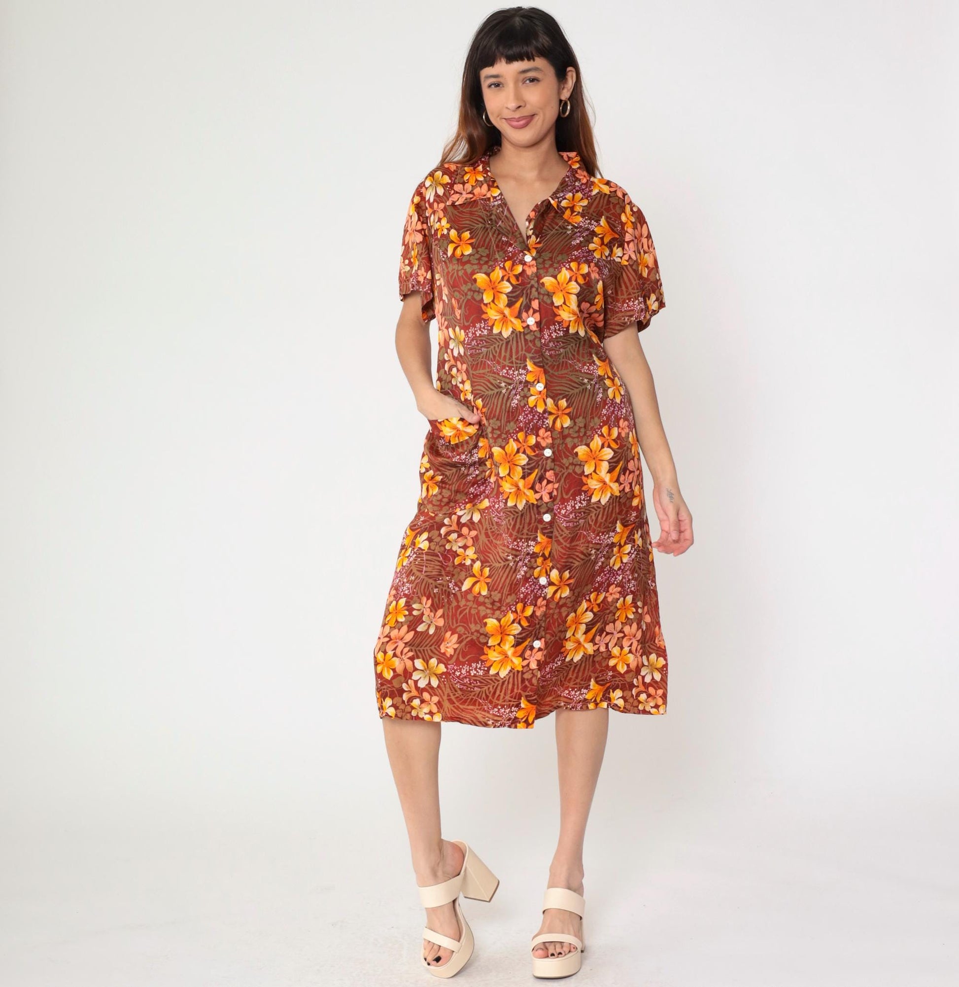 70s Floral Hawaiian Shift Dress Orange Tropical Button-Up Midi Extra Large