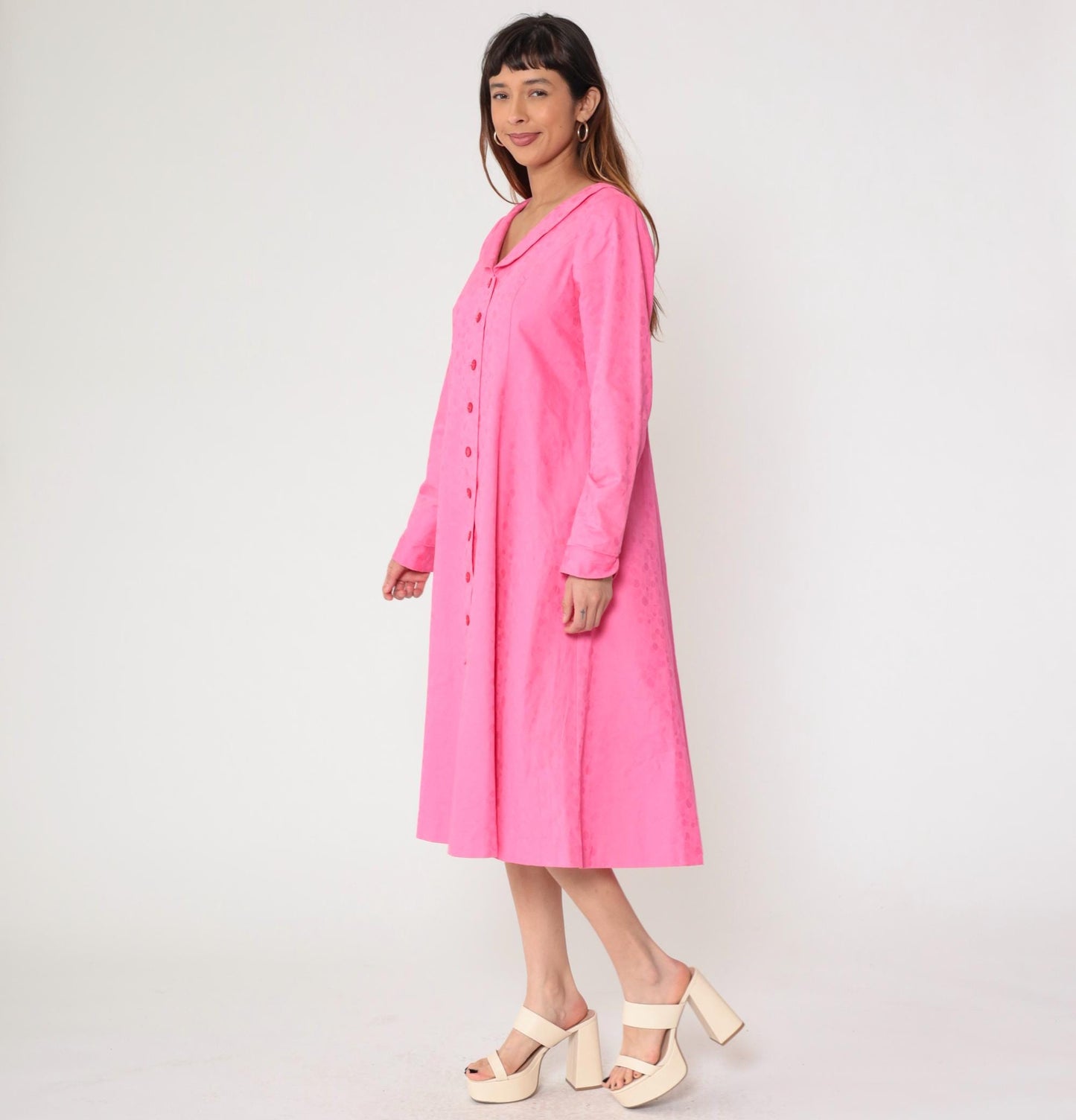 90s Fuchsia Jacquard Polka Dot Button-Up Midi Dress Long Sleeve Medium
