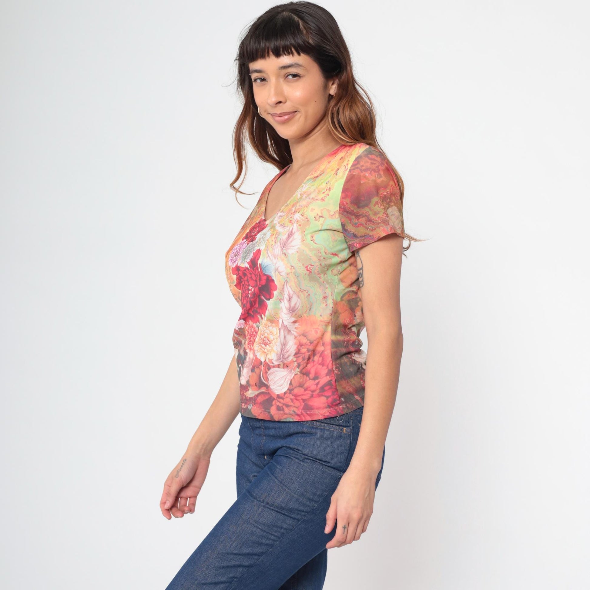 Y2K Floral Graphic V-Neck Blouse Short Sleeve Fitted Top Medium M