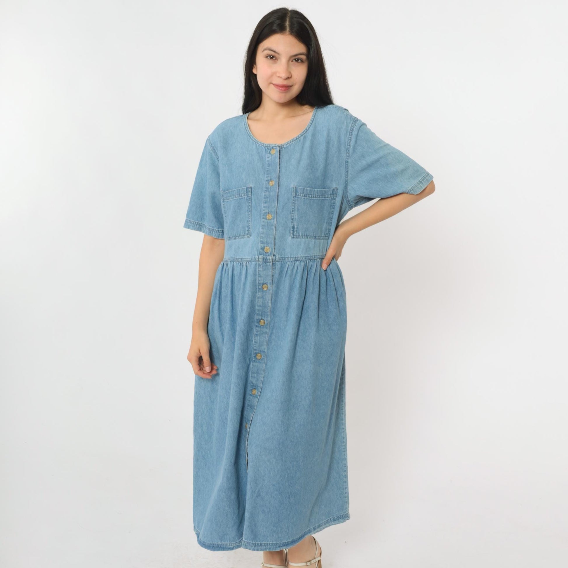 90s Mizz Lizz Blue Denim Midi Shirtdress Gathered Waist Medium M