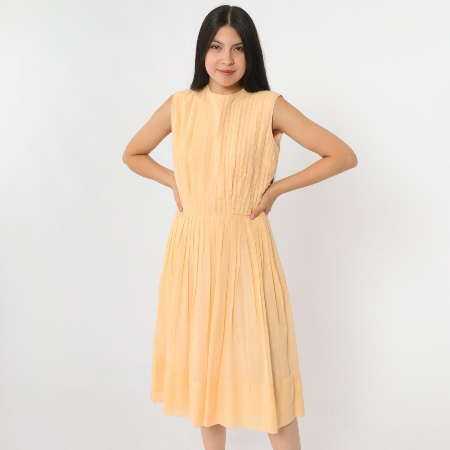 60s Peach Pleated Fit and Flare Midi Dress Sleeveless High Waist Small S