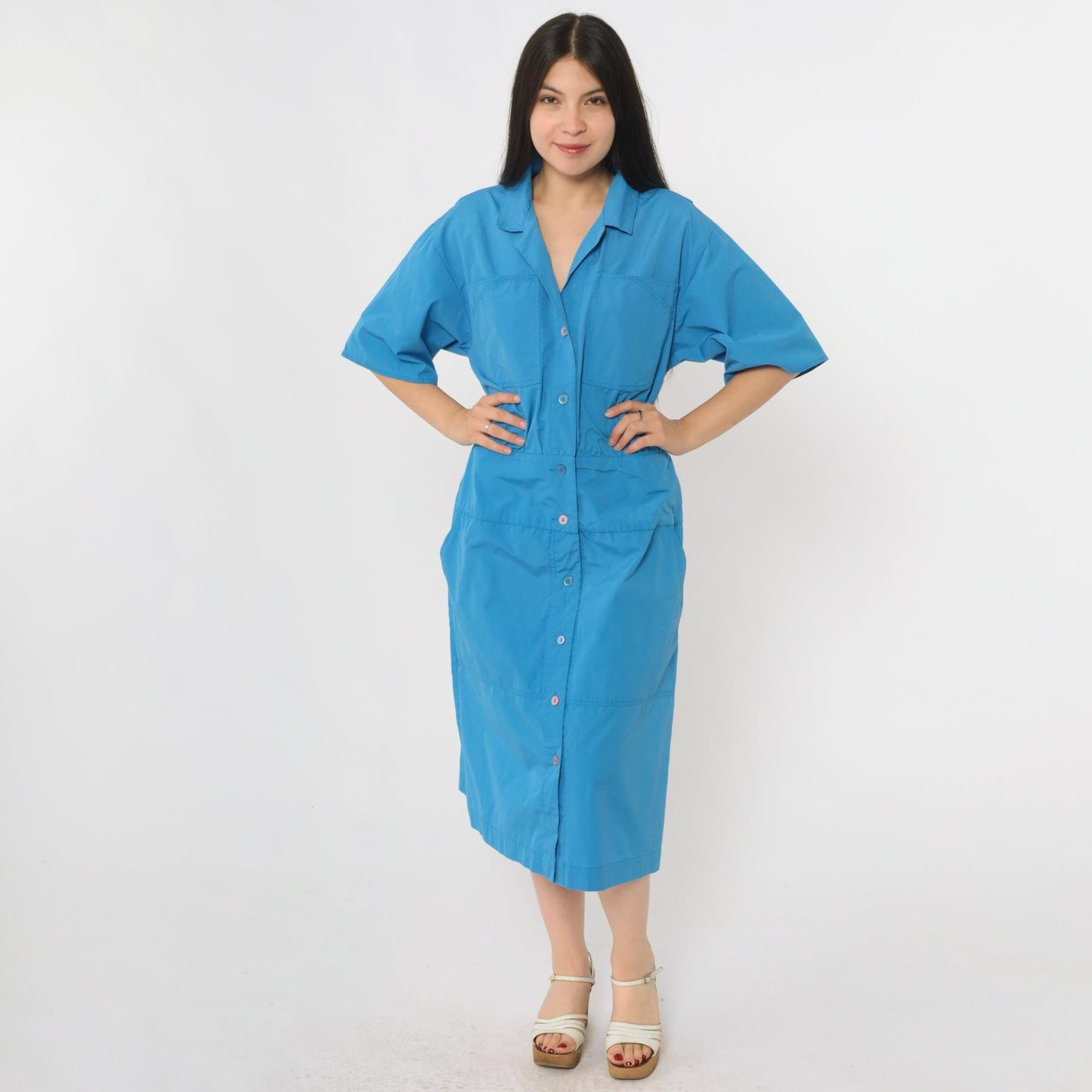 80s Blue Midi Shirt Dress Chest Pockets Half Sleeve Collared Medium