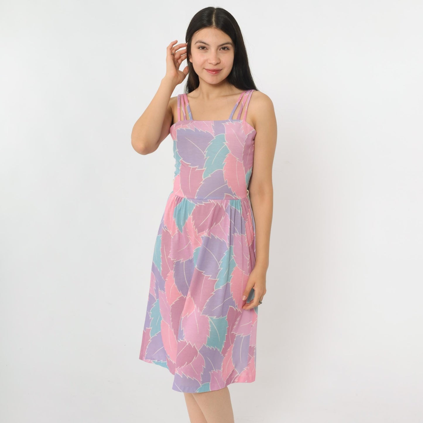 80s Pastel Leaf Print Midi Sundress Purple Pink High Waist Spaghetti Strap Extra Small