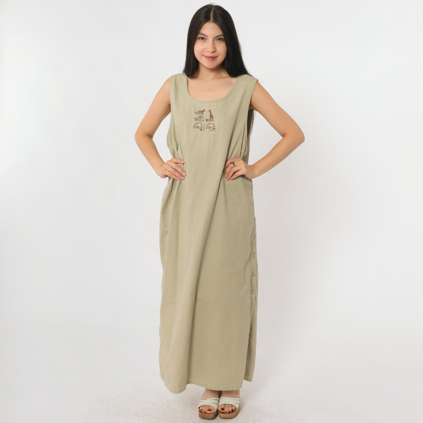 90s Safari Jumper Dress Khaki Embroidered Animals Maxi Sleeveless Extra Large XXL