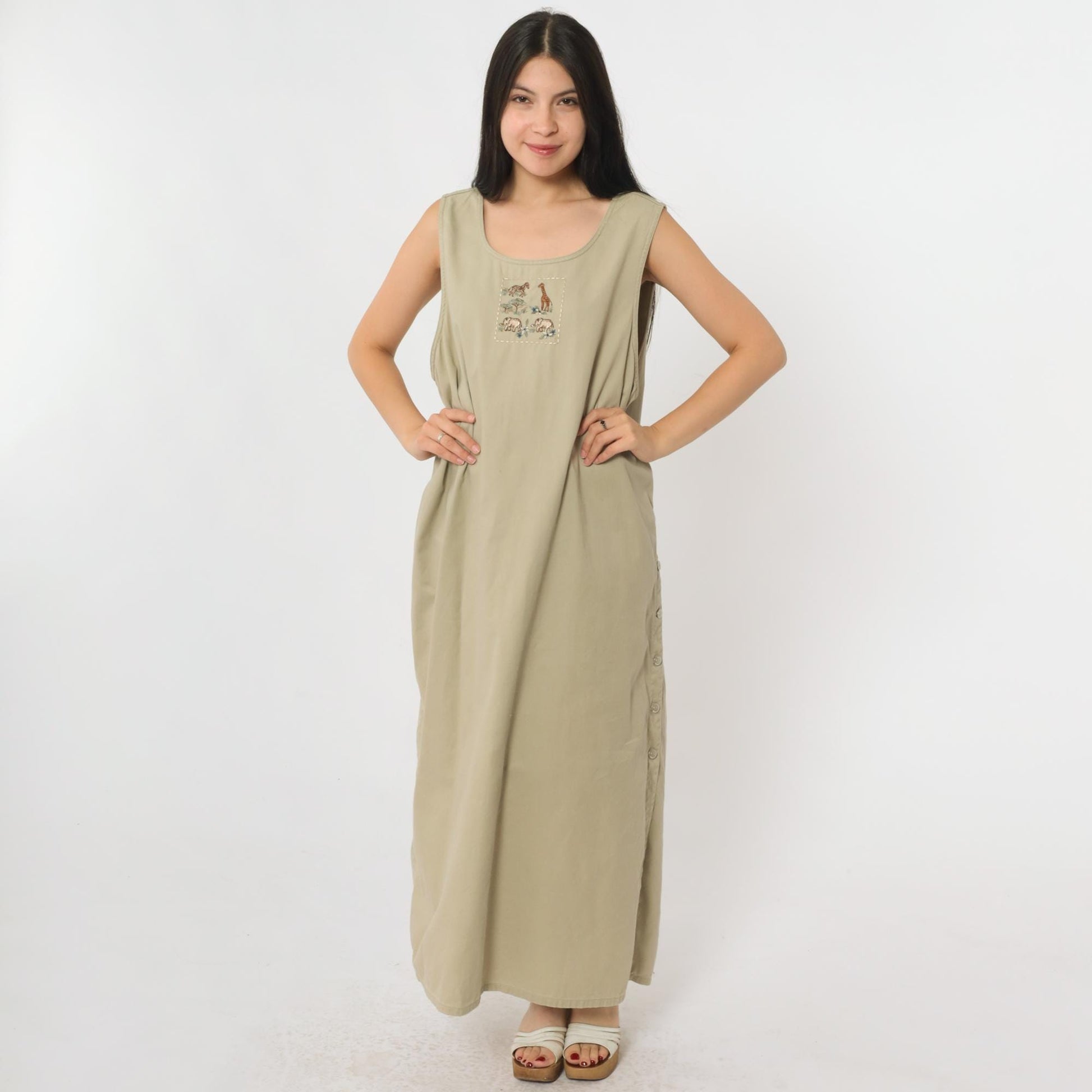 90s Safari Jumper Dress Khaki Embroidered Animals Maxi Sleeveless Extra Large XXL
