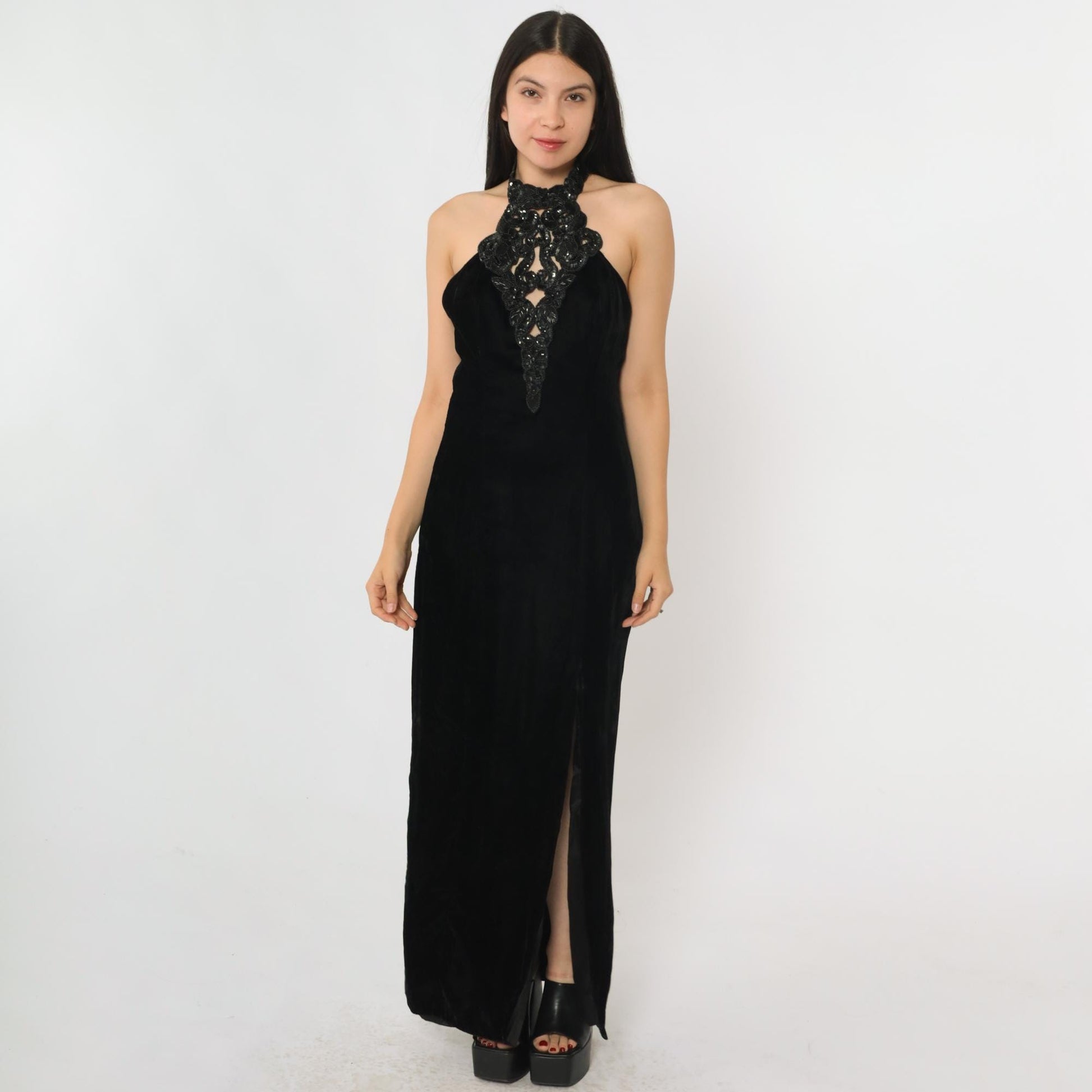 90s Hugo Buscati Milano Black Velvet Beaded Halter Maxi Dress Open Back Small
