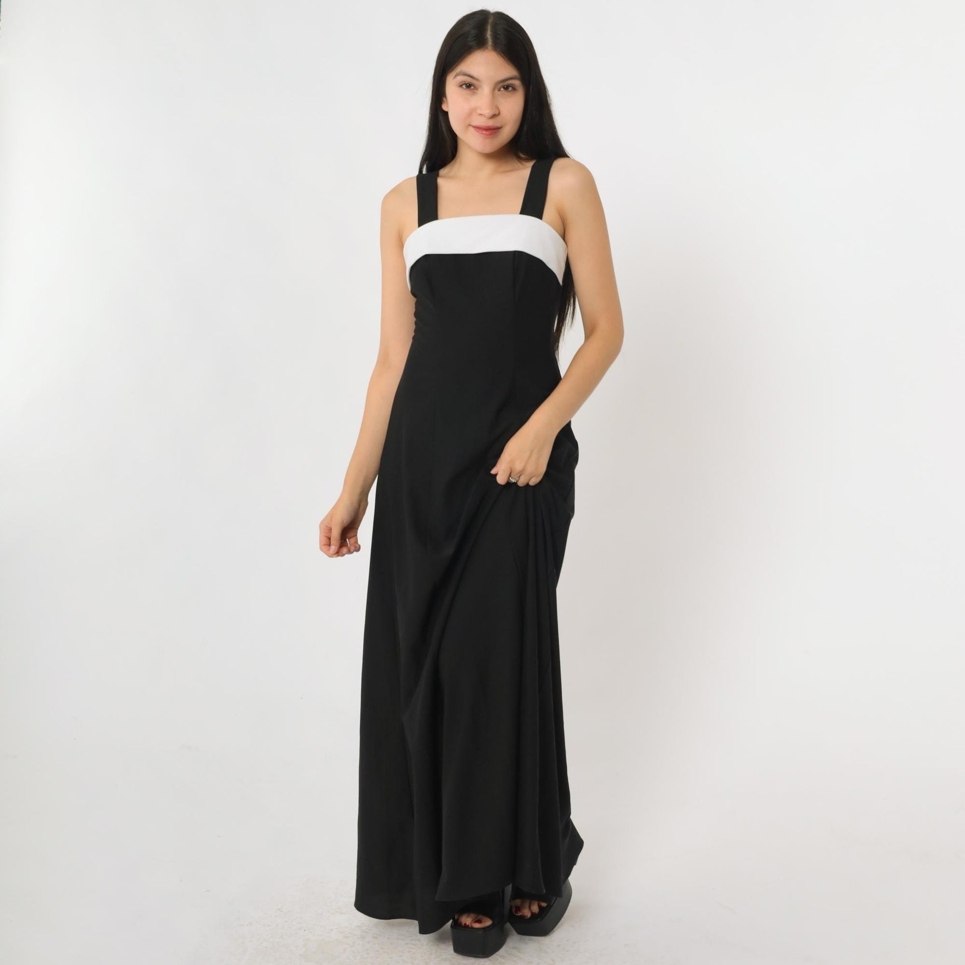 Y2K Black Maxi Dress White Chest Panel Square Neck Sleeveless Extra Small