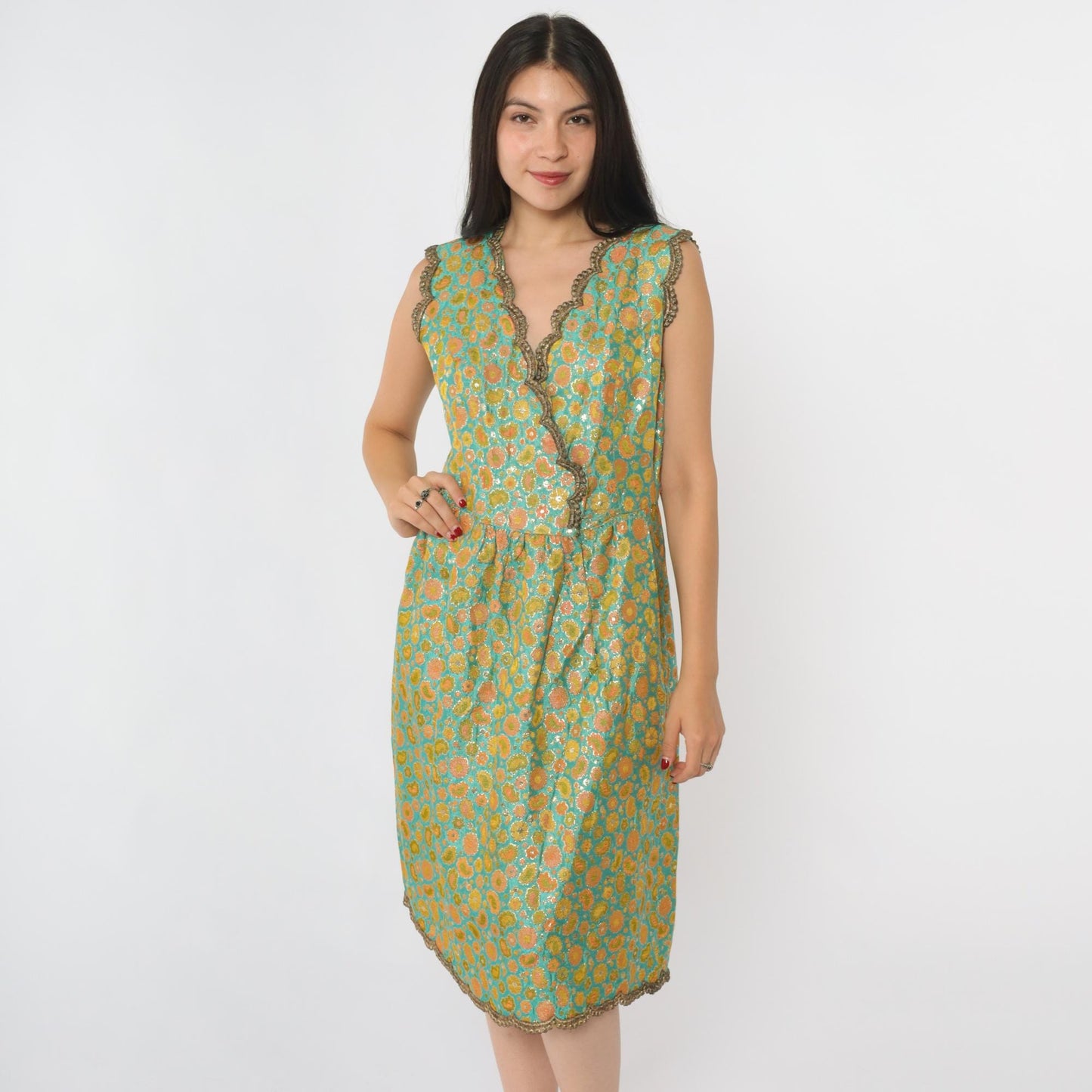 60s Oscar de la Renta Turquoise Brocade Dress Metallic Floral V Neck Small