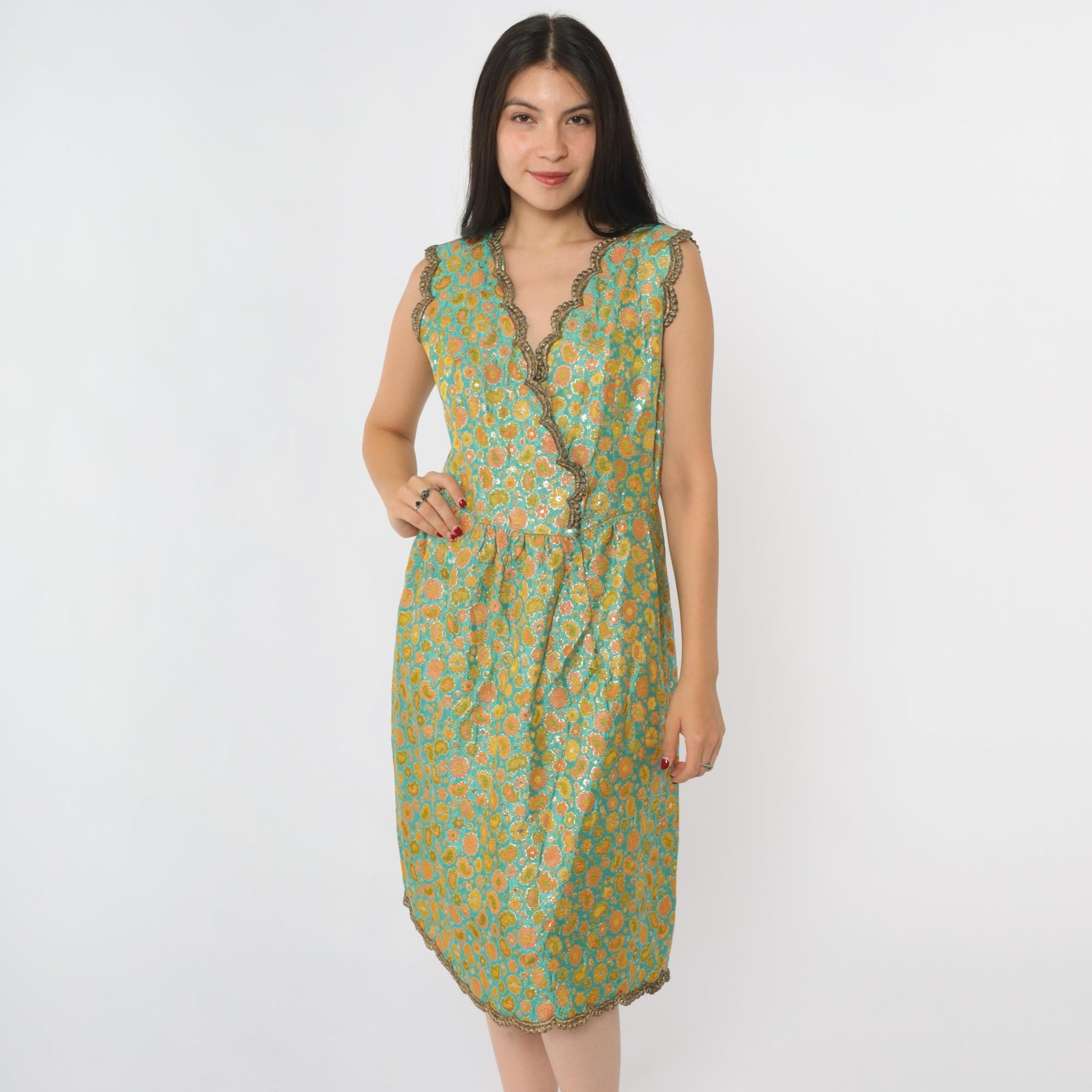 60s Oscar de la Renta Turquoise Brocade Dress Metallic Floral V Neck Small