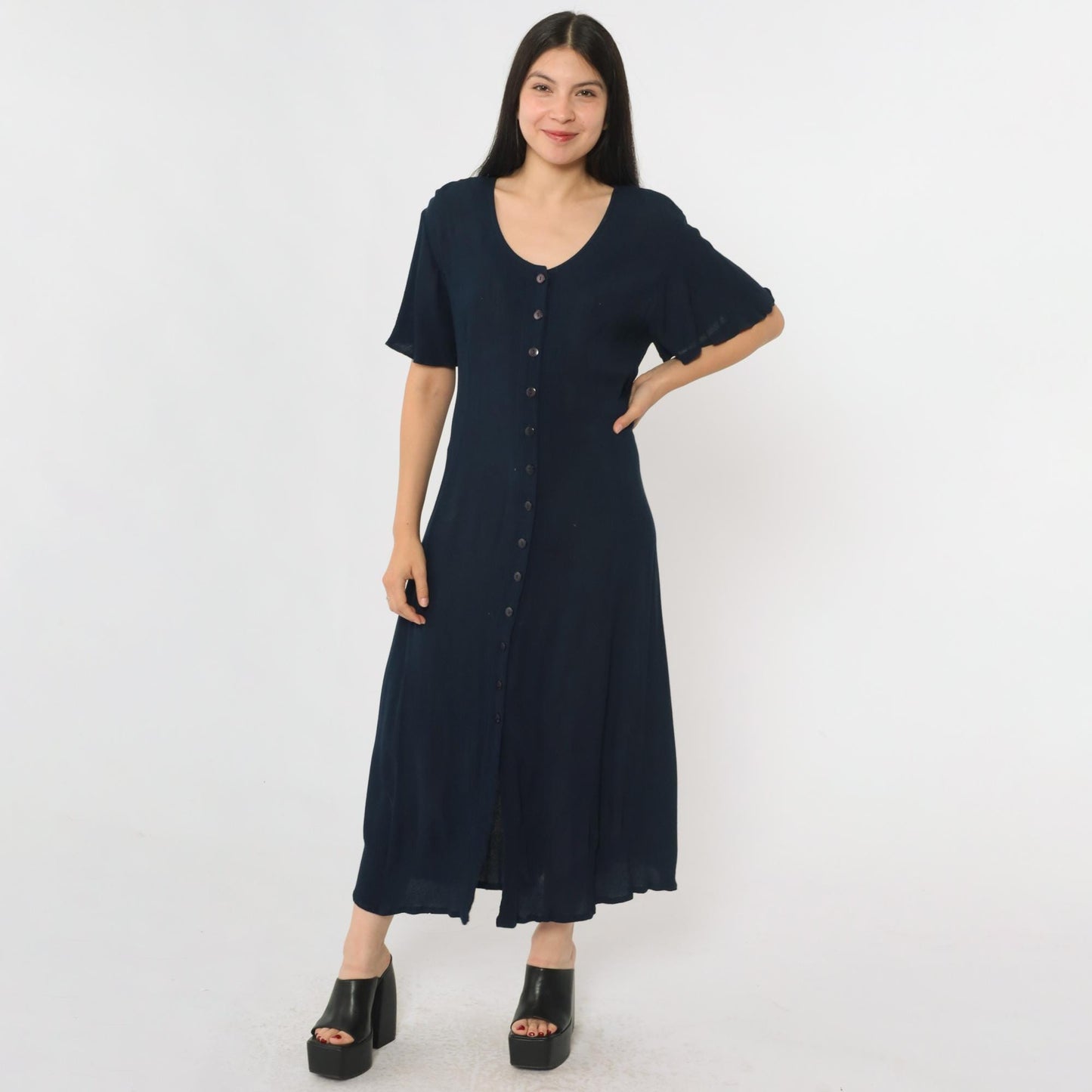 90s Navy Crinkled Rayon Button-Up Shirtdress Ankle Length Medium