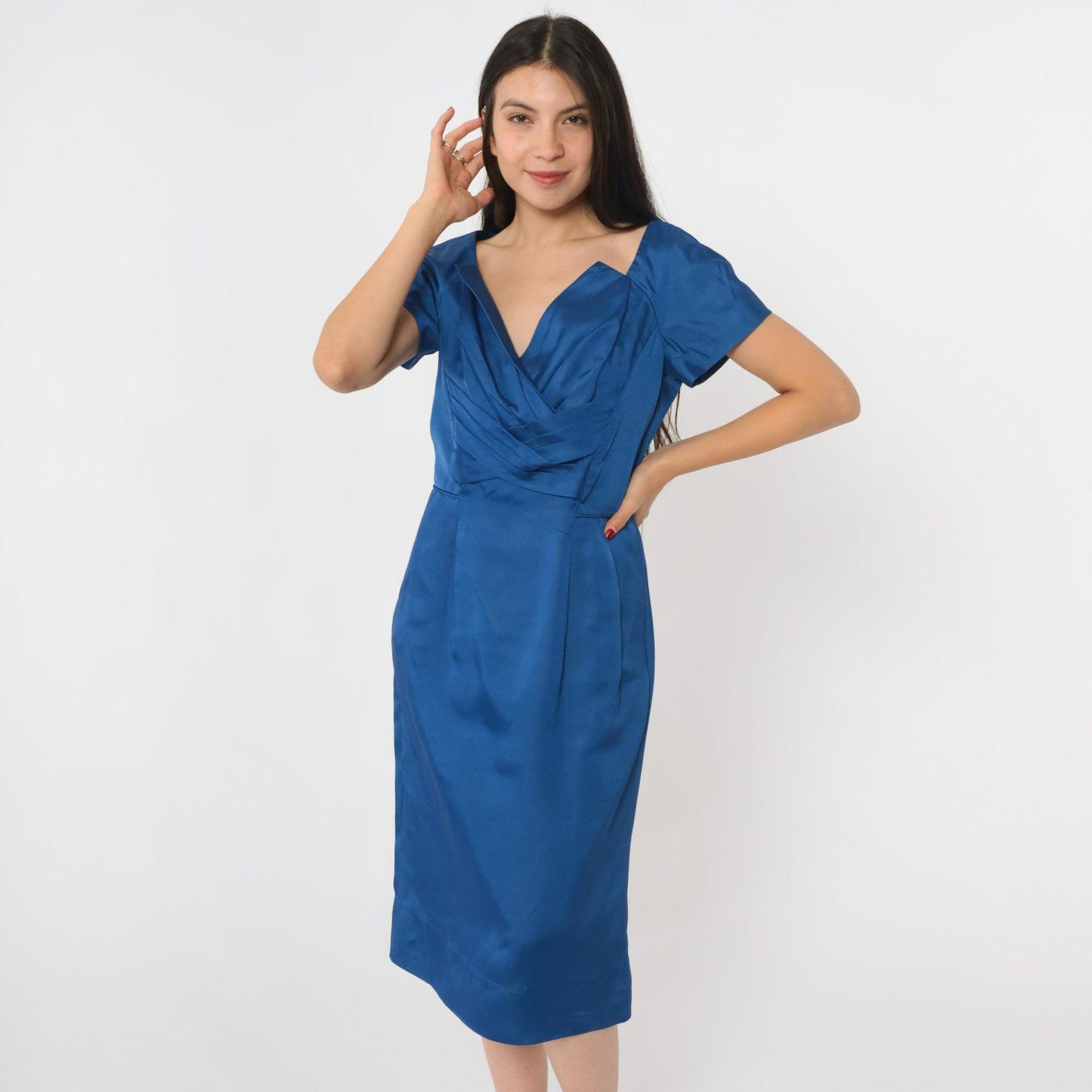 1960s Royal Blue Cocktail Dress Sculptural Neckline Midi Sheath Small S
