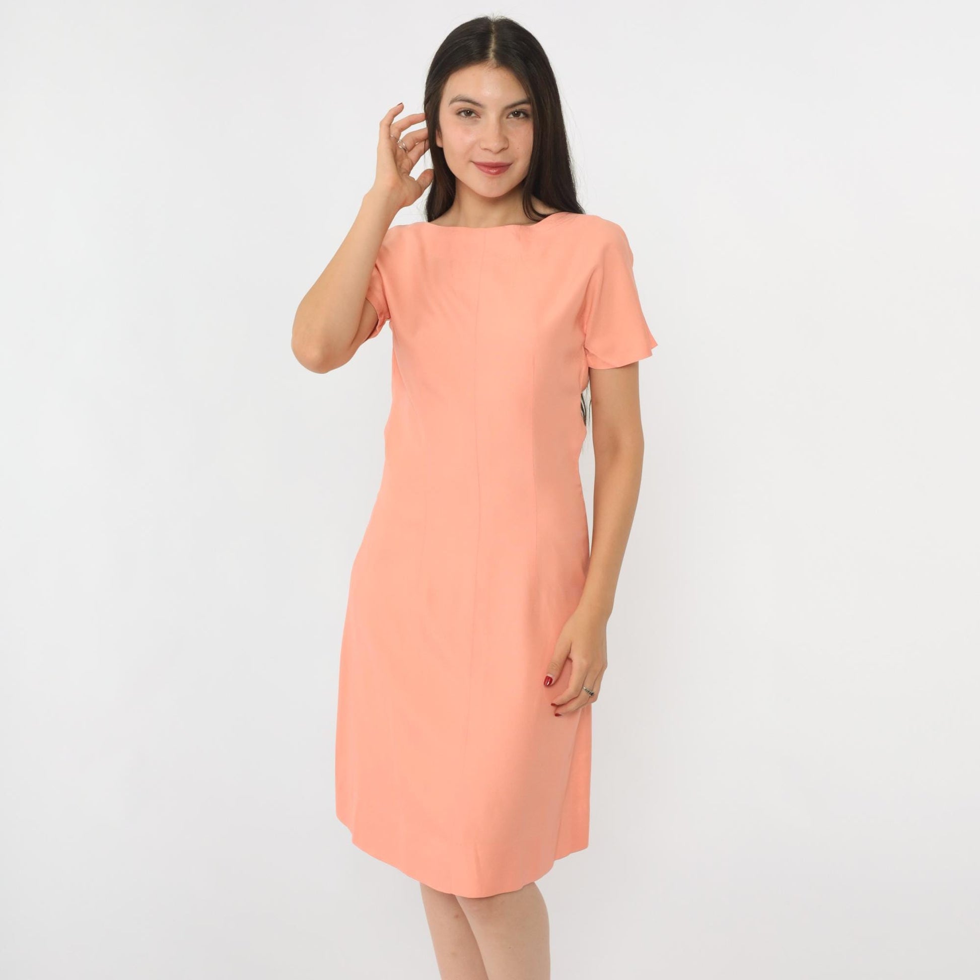 60s Peach Pink Sheath Dress Knee Length Short Sleeve Cocktail Small S