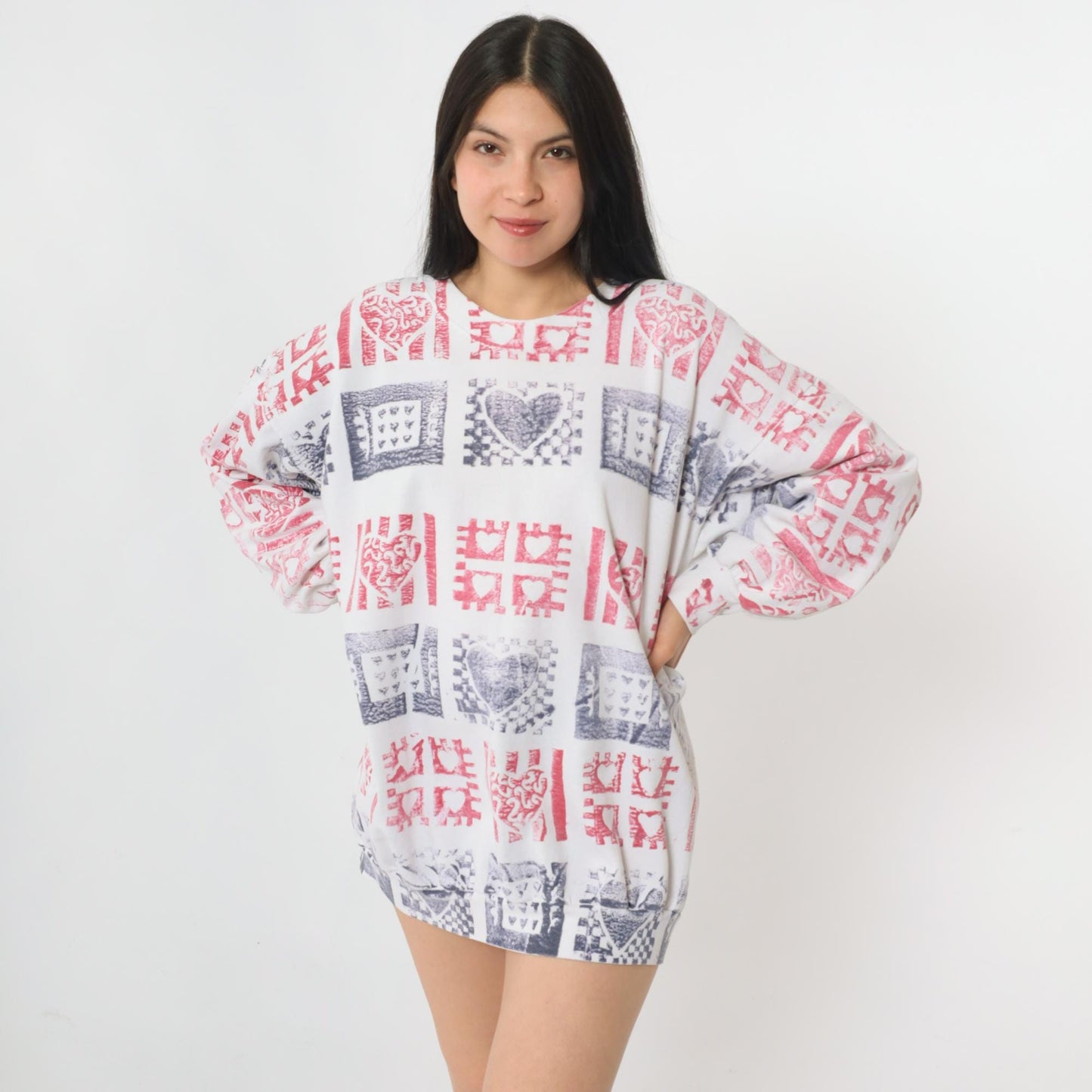 90s Heart Block Print Sweatshirt White Crewneck Pullover Extra Large XXL