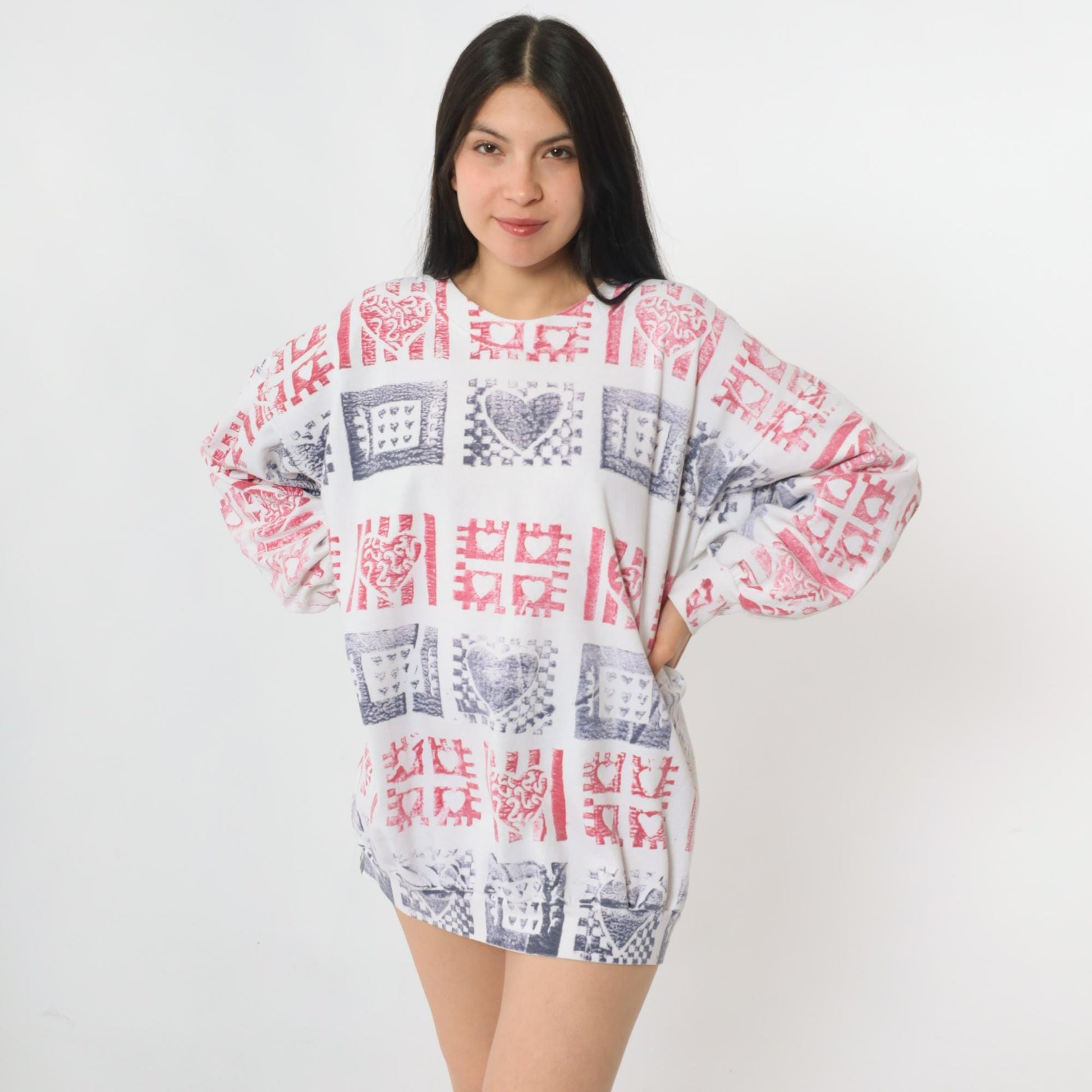 90s Heart Block Print Sweatshirt White Crewneck Pullover Extra Large XXL