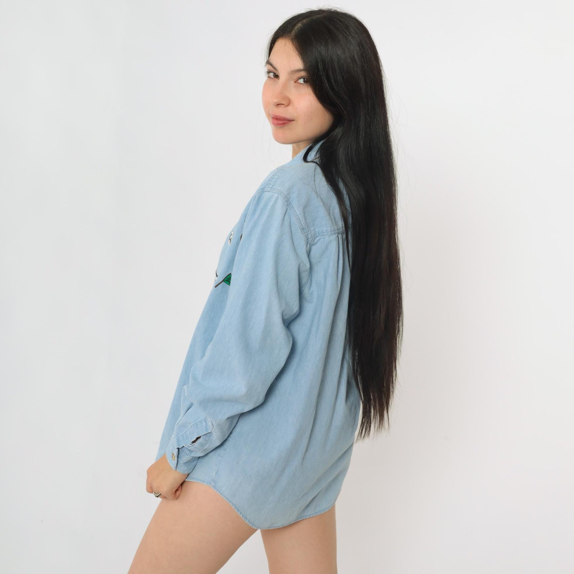 90s Westbound Denim Button Up Shirt Embroidered Sports Design Blue Medium M