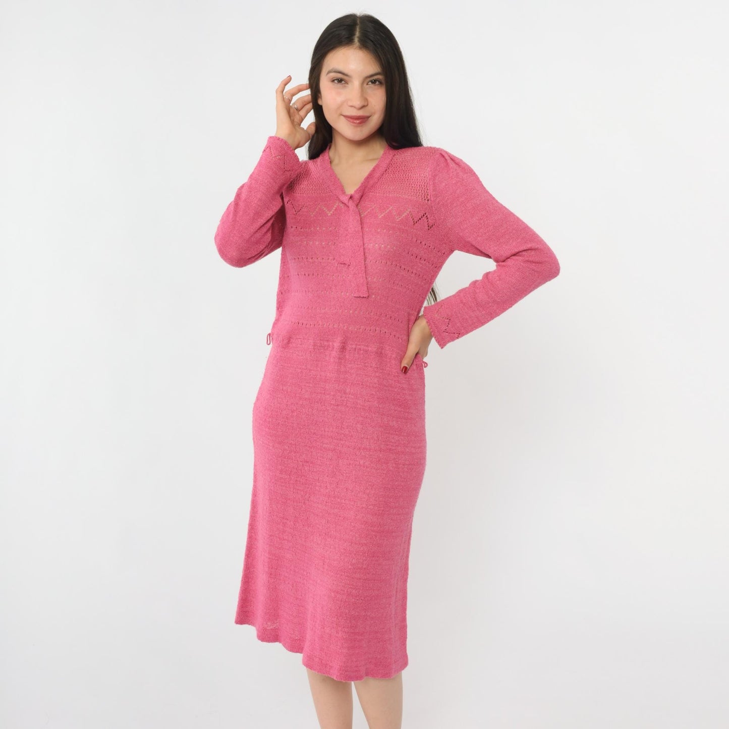 80s Pink Pointelle Knit Midi Dress Tie Neck Puff Sleeve Medium