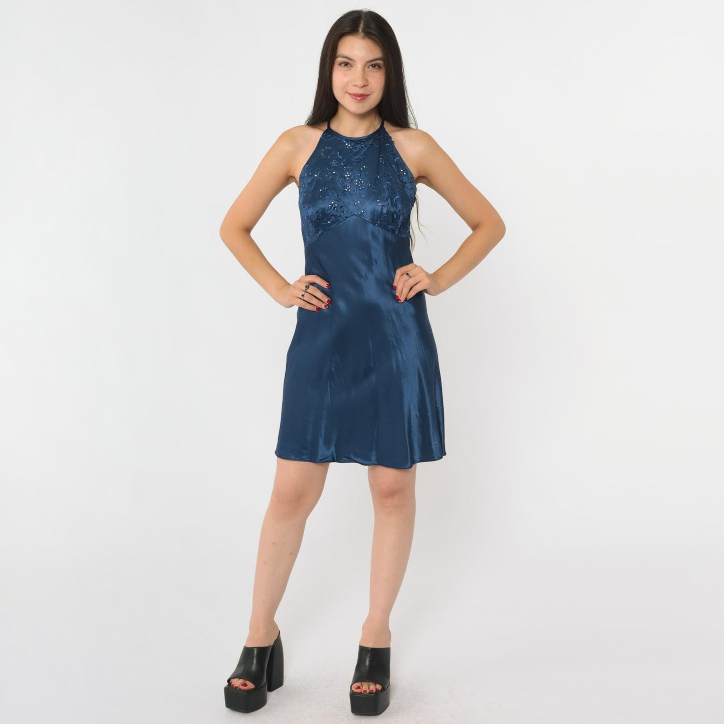 90s Zum Zum Midnight Blue Sequin Floral Halter Mini Dress Small